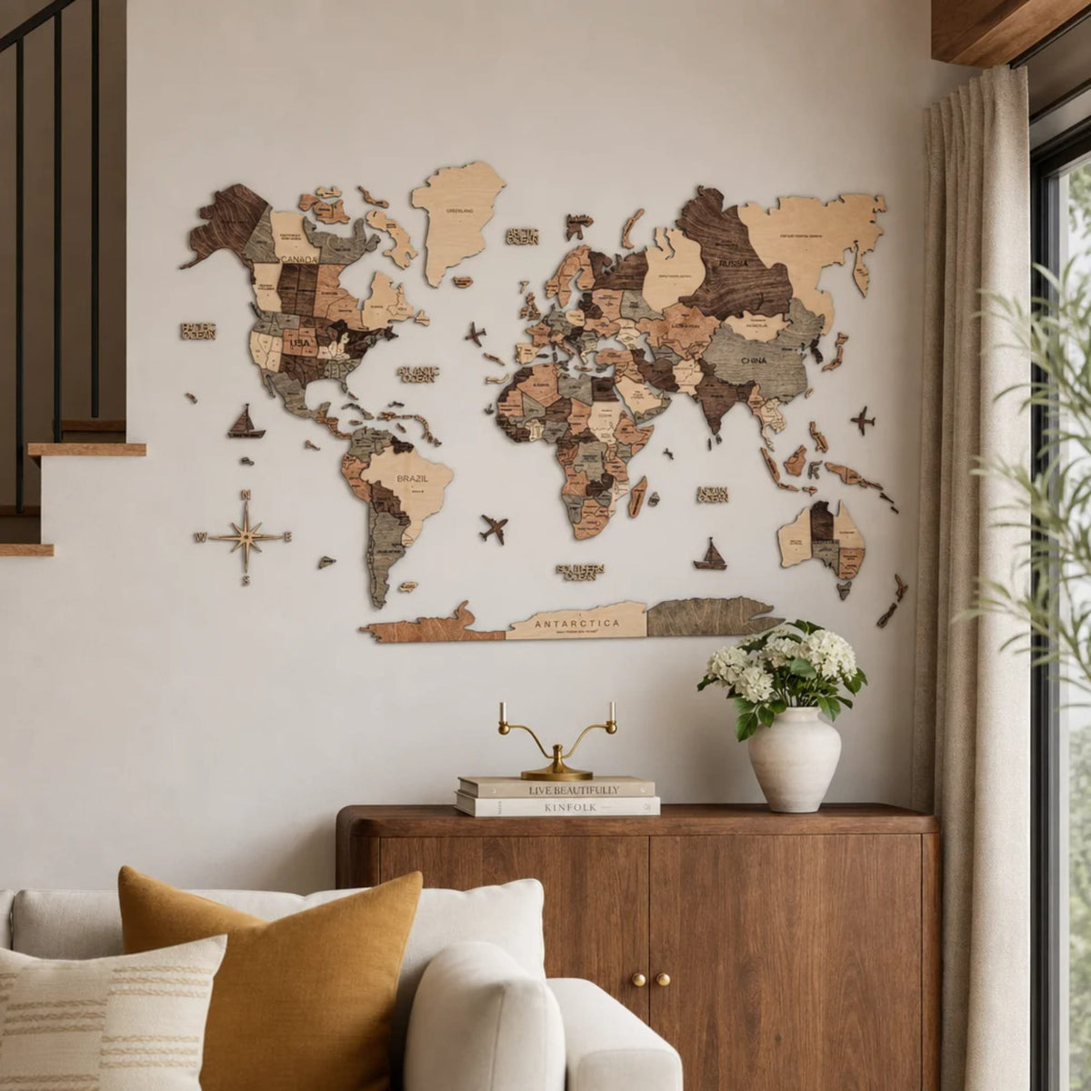 3D Wooden World Map Smokey