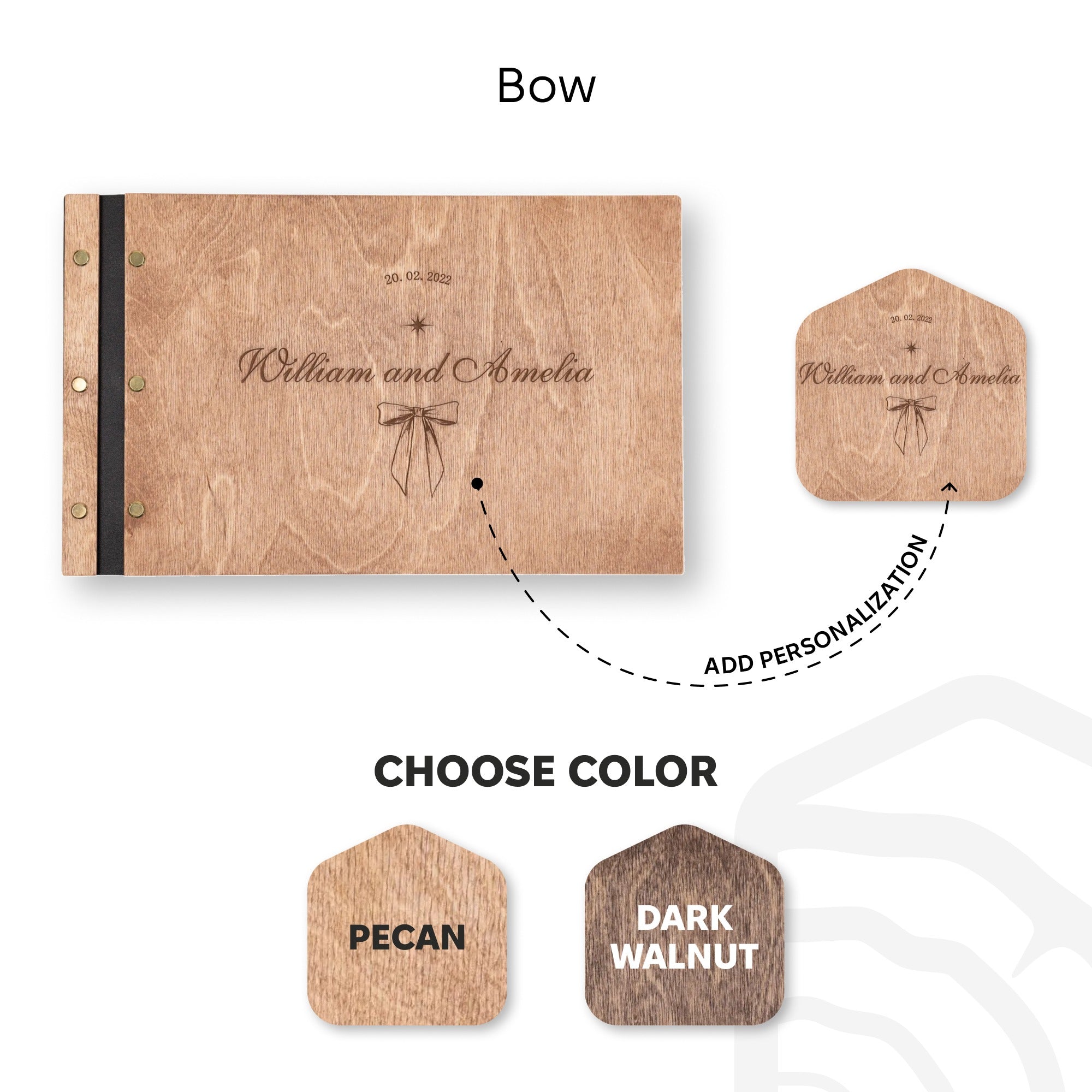 Wooden album with bow design and customization options on a white background