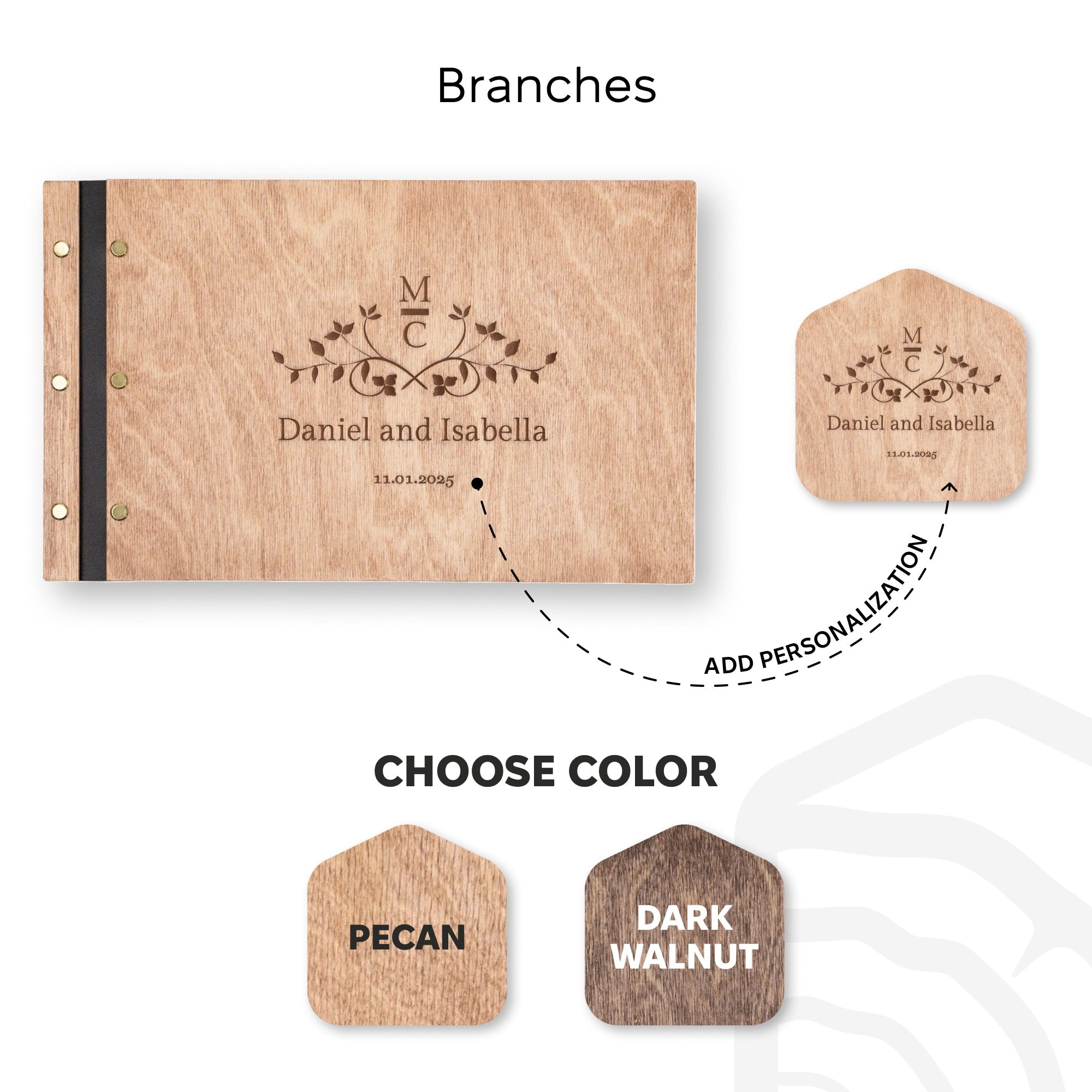Wooden album with engraved design and customizable color options on a white background
