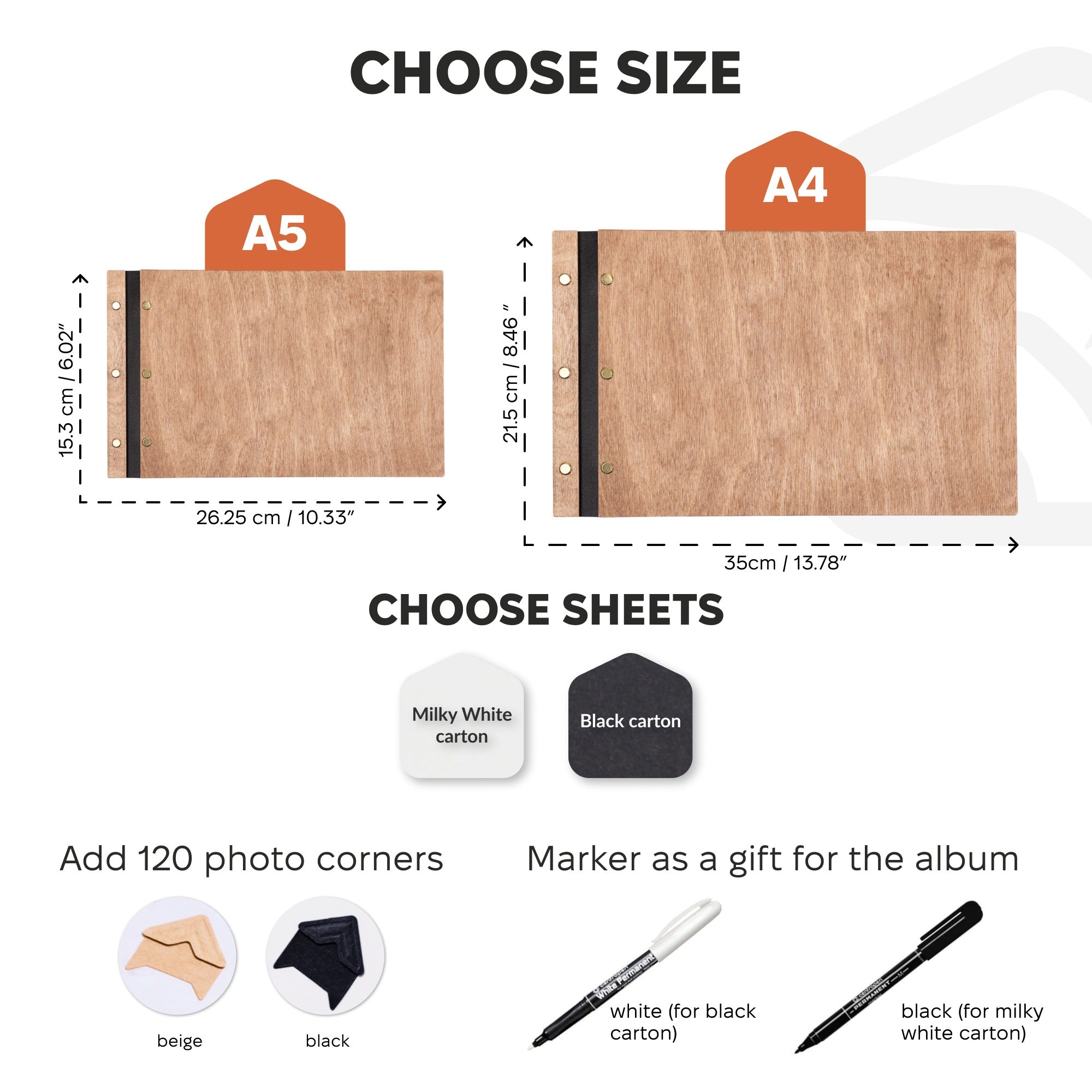 Product selection guide for photo albums with size options and additional accessories.