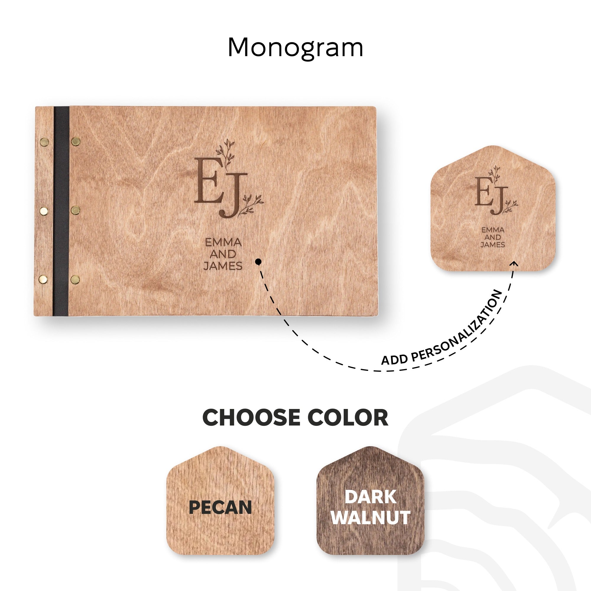 Wooden product with monogram 'EJ' and customizable color options on a white background