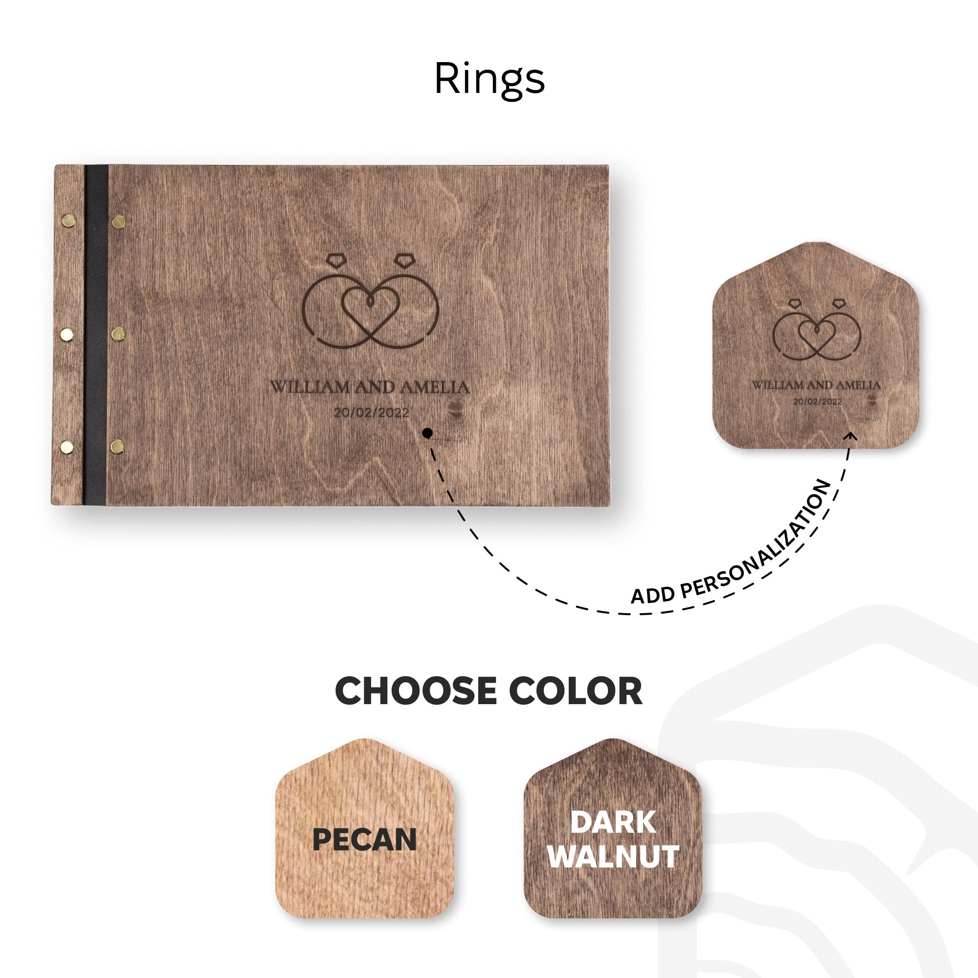 Wooden ring box with engraved design and color options on a white background