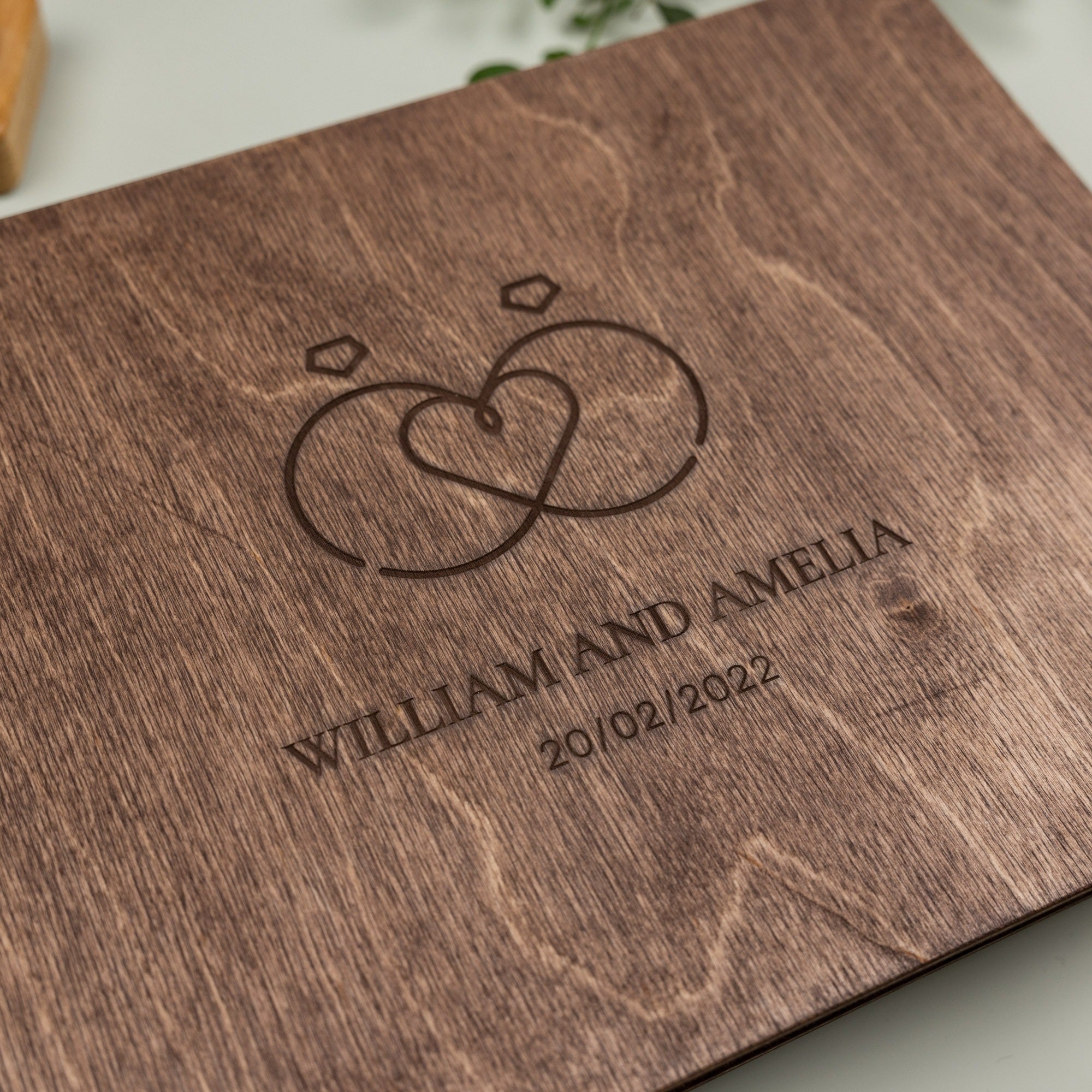 Wooden box with engraved initials and date 'William and Amelia 20/02/2022'