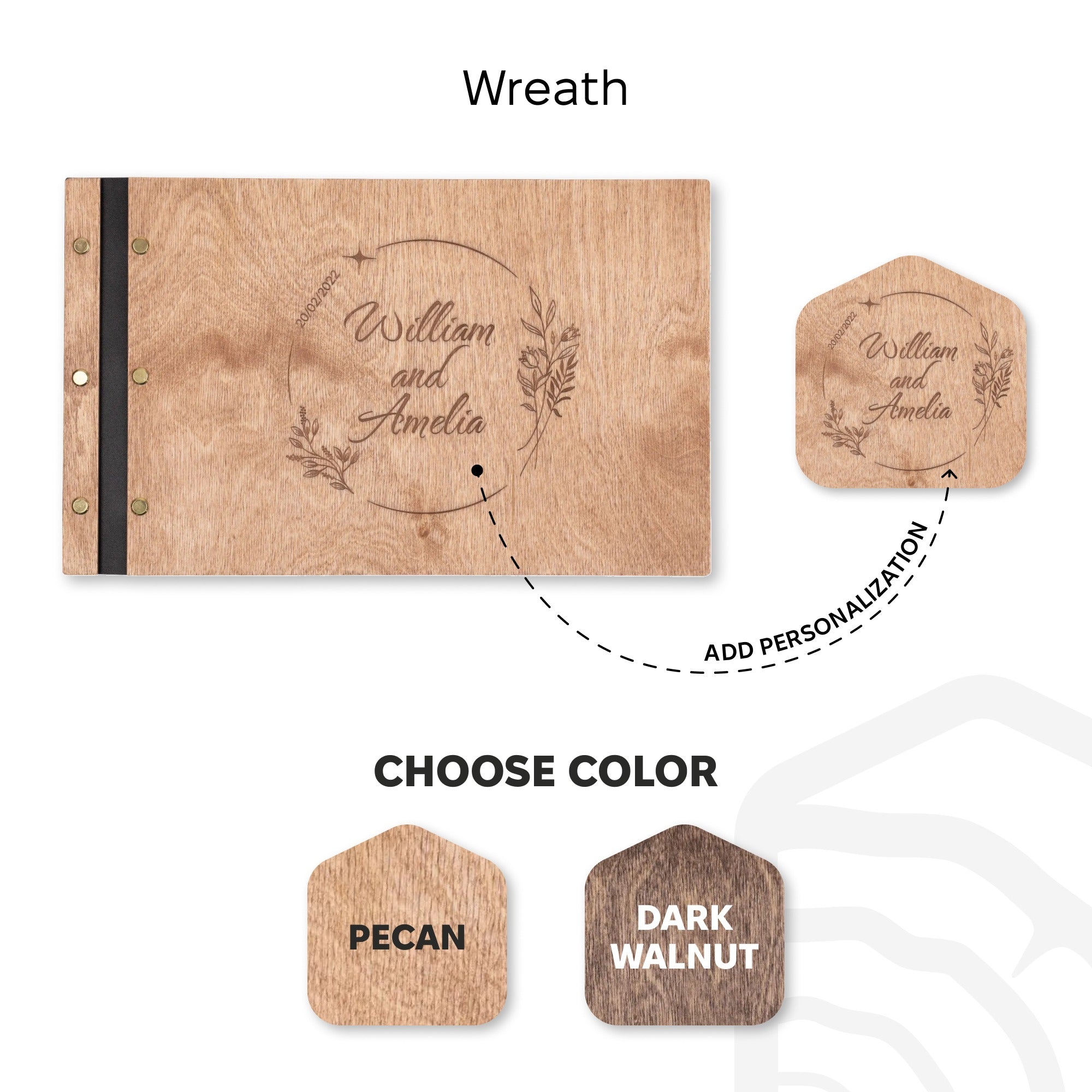 Wooden product with engraved text and wreath design, showing color options for pecan and dark walnut.