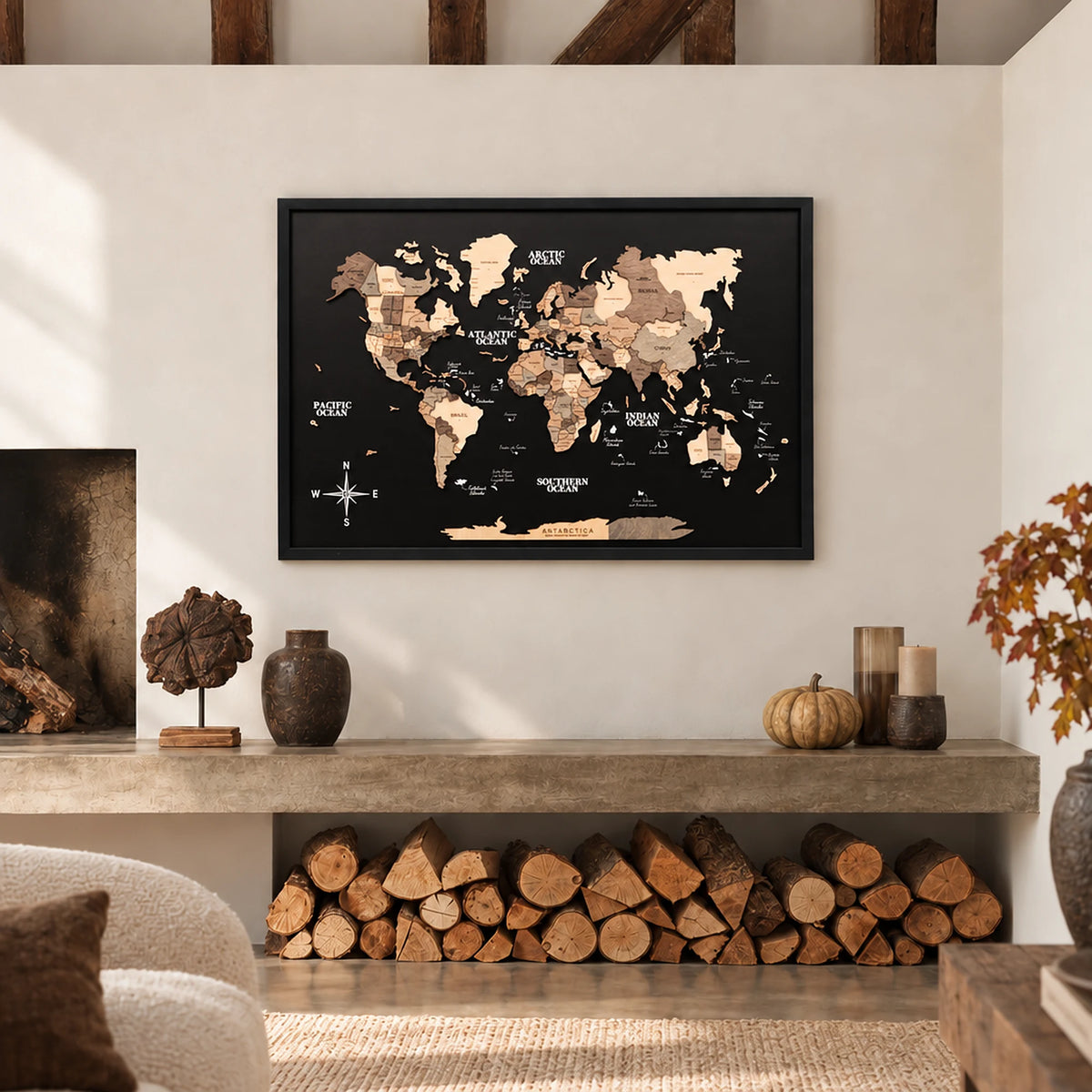 world map framed black Smokey