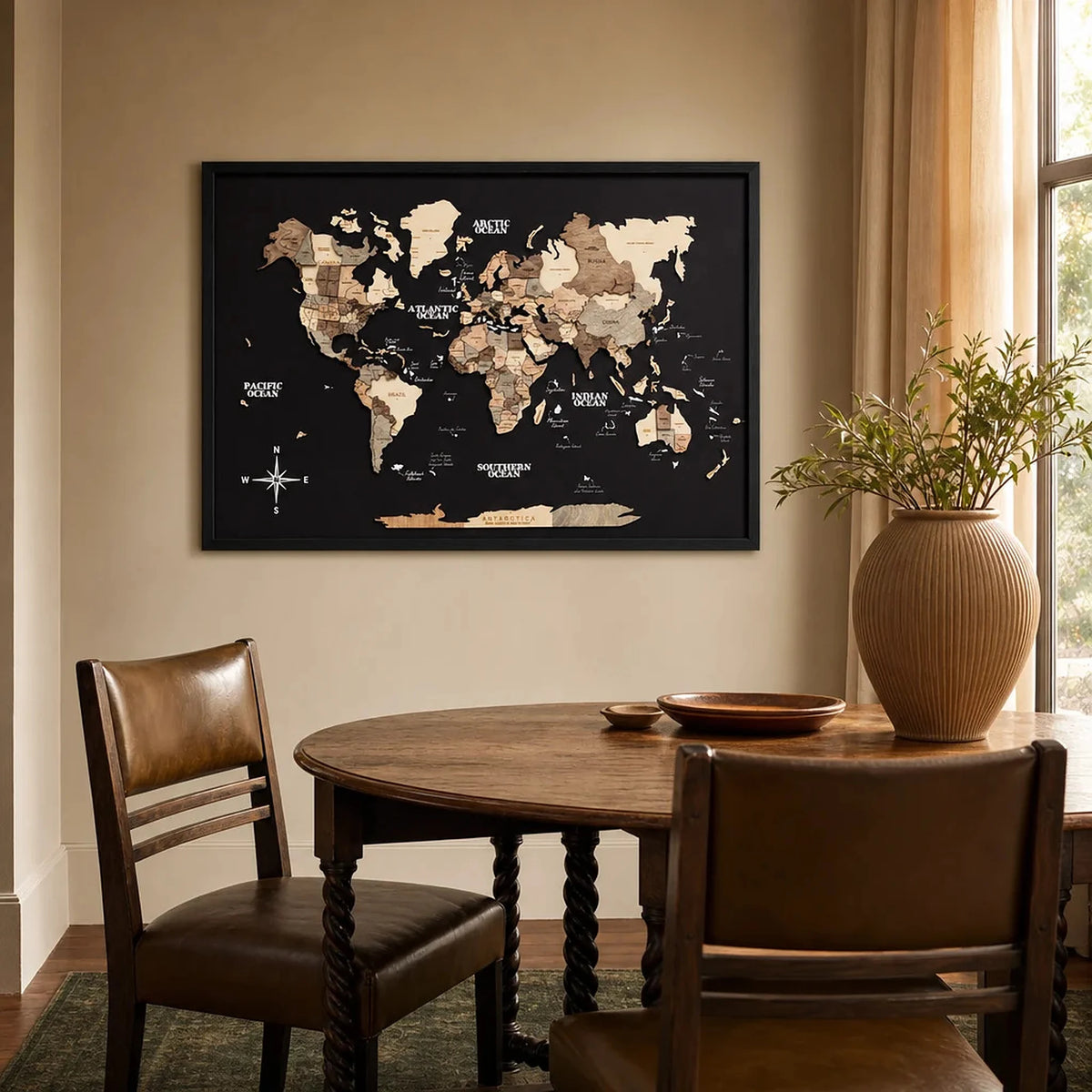 world map framed black dining room