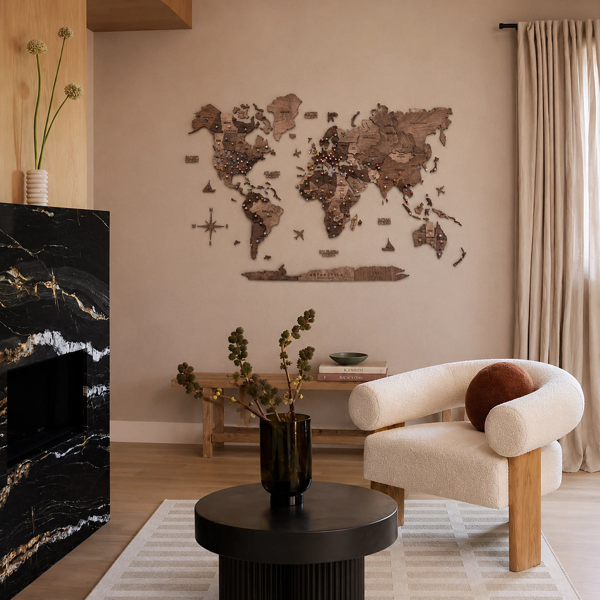 world map walnut living room
