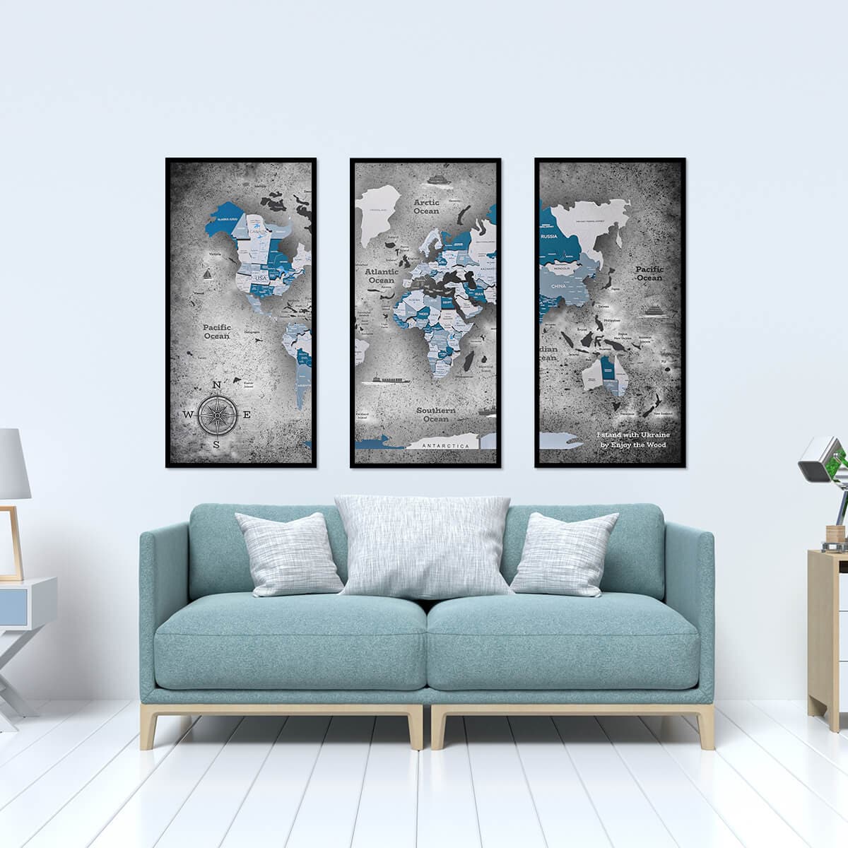 world map triptych
