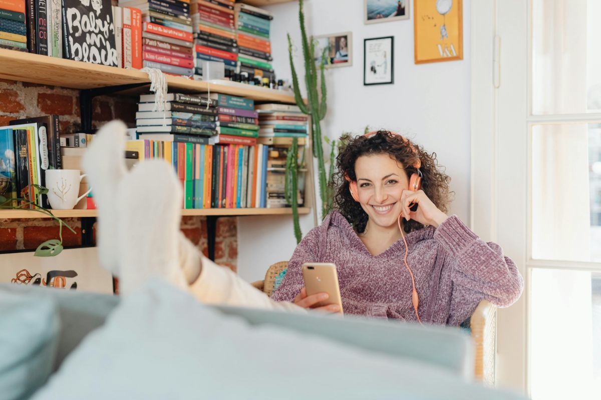 A woman listening to music