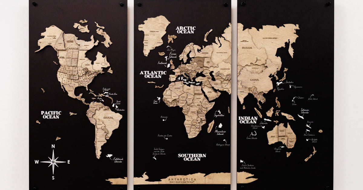 Wooden Triptych World Maps - 3 Panel World Map on Wall