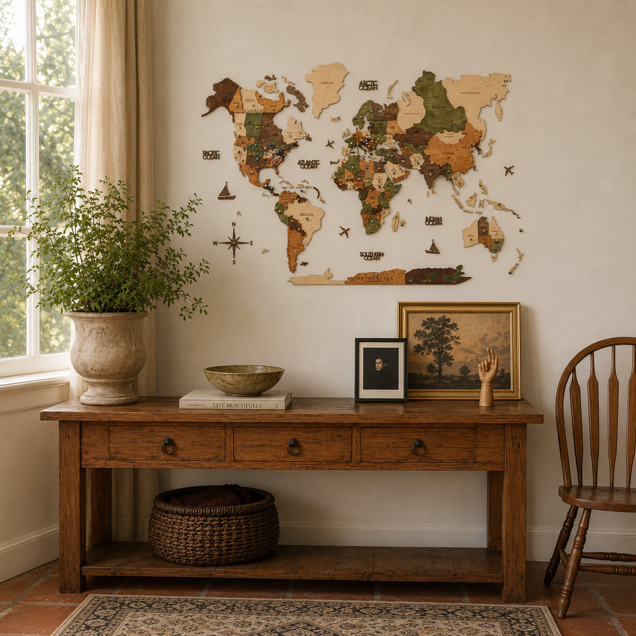 A detailed, handmade wooden world map is fixed to a light-colored wall above a rustic wooden console table. The console features a decorative bowl, books, a large ceramic vase with a green plant, and two framed pictures. The interior is complemented by a classic wooden chair and a patterned rug on a terracotta floor.