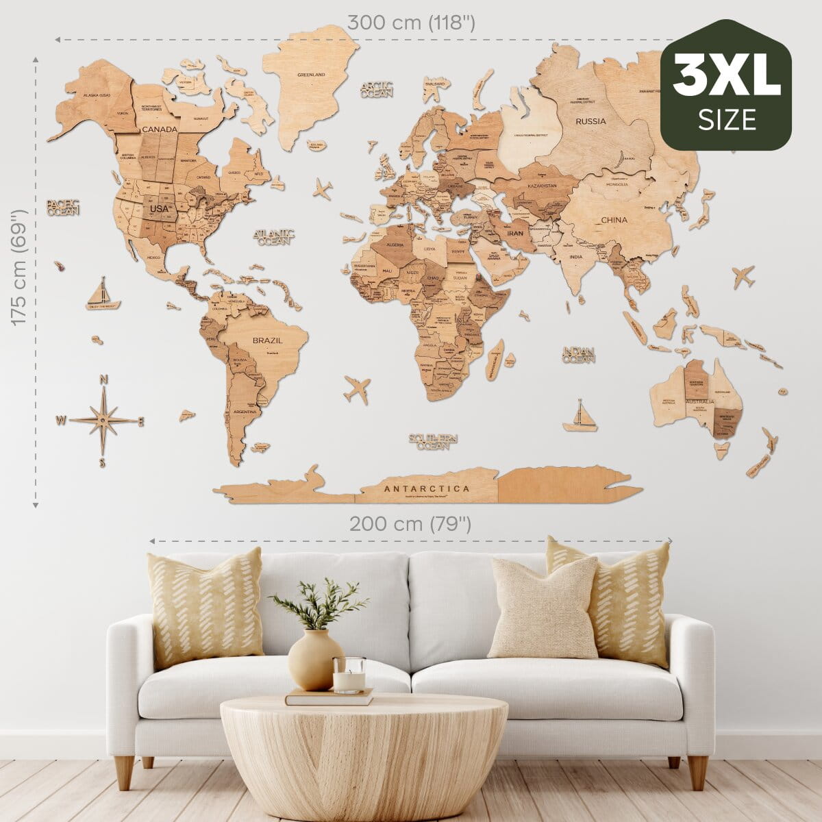 Mappa del mondo 3D in legno color oro