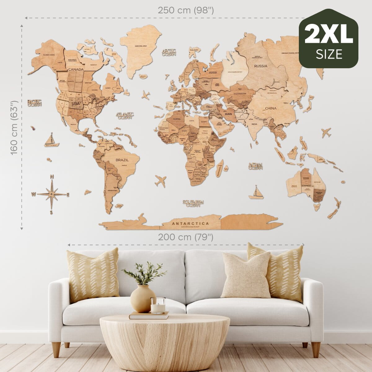 Mappa del mondo 3D in legno color oro