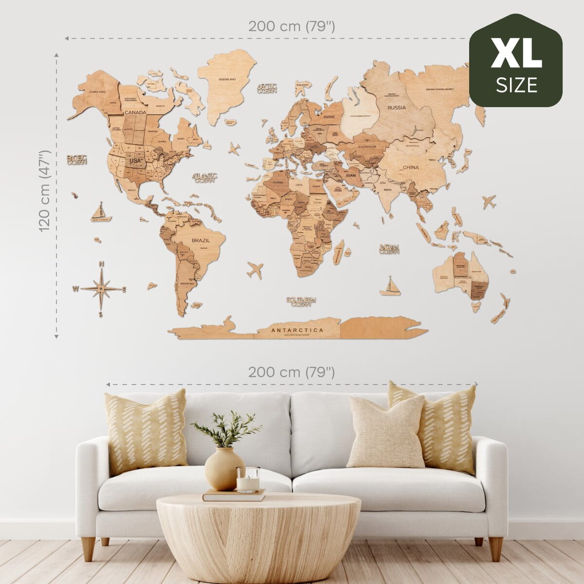 Mappa del mondo 3D in legno color oro