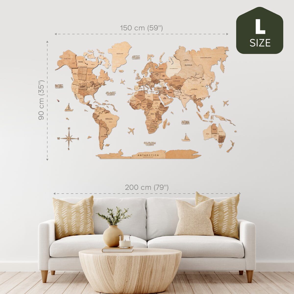 Mappa del mondo 3D in legno color oro