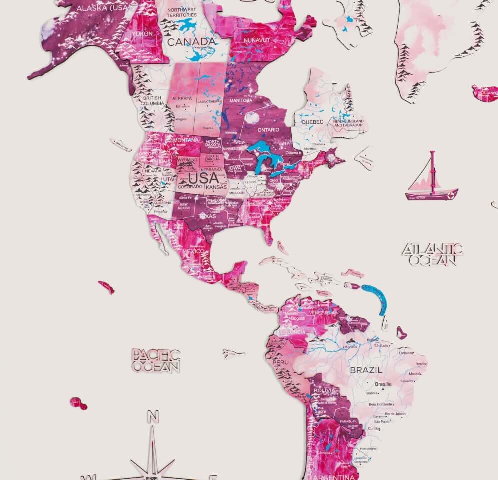 pink wooden world map