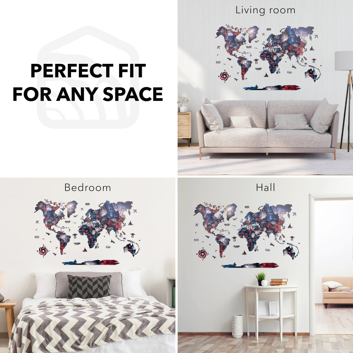 World map wall decal in various rooms with text 'Perfect Fit for Any Space'.