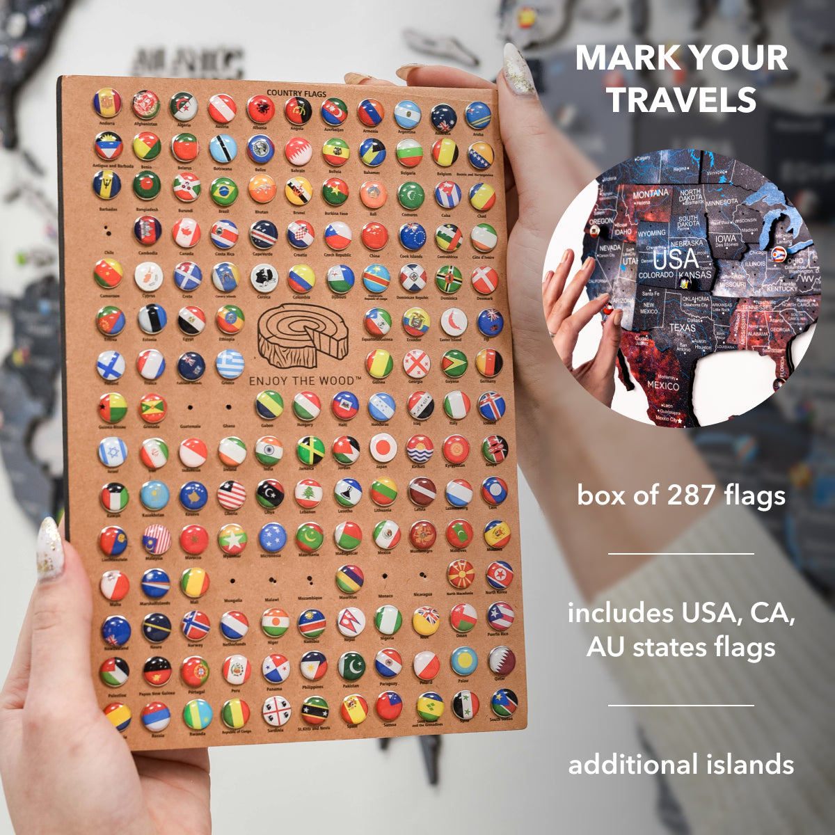 Box of 287 world flags with a person holding a map and the box.