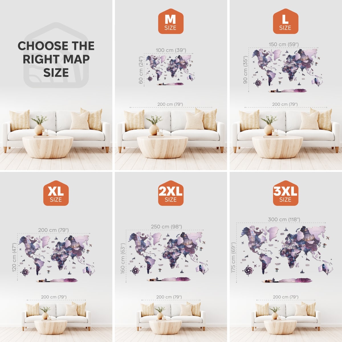 Collage of world map wall art in different sizes with a living room setting.