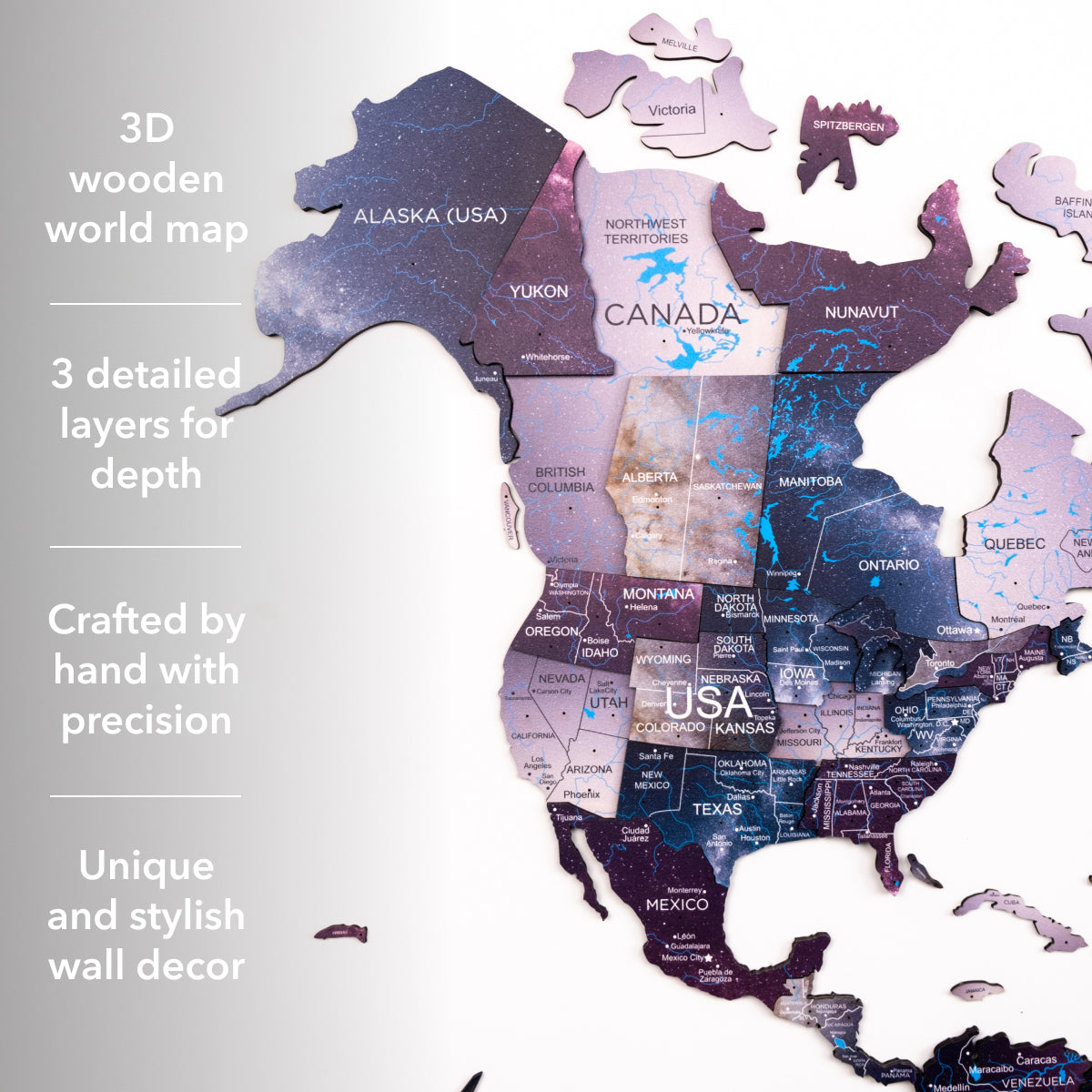 3D wooden world map with detailed layers on a light gray background