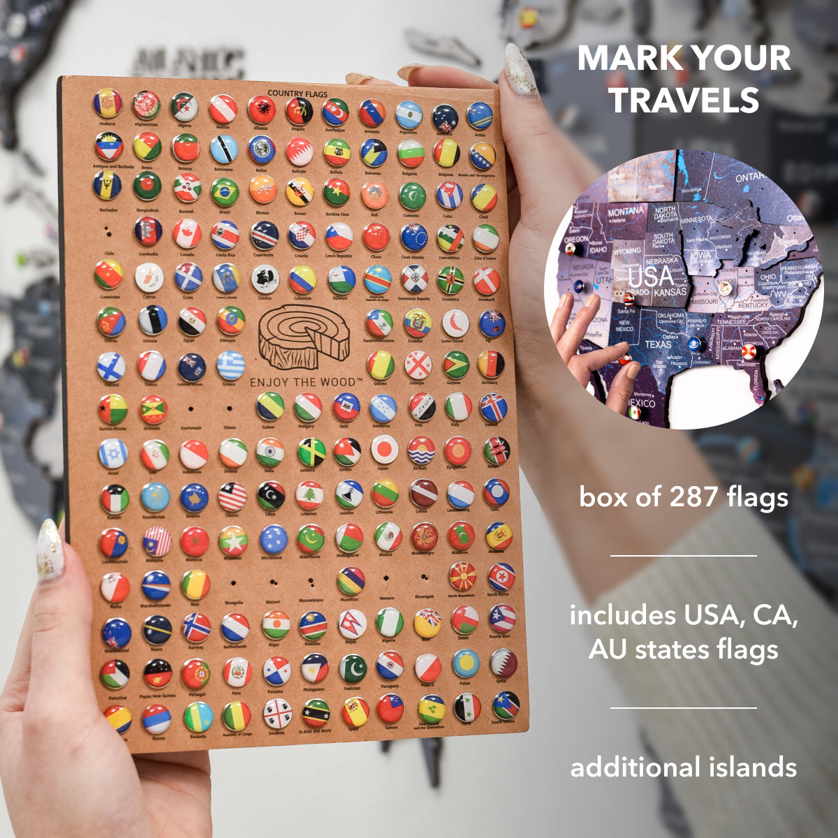 Box of 287 world flags with a focus on USA, CA, AU states flags, held by a person.