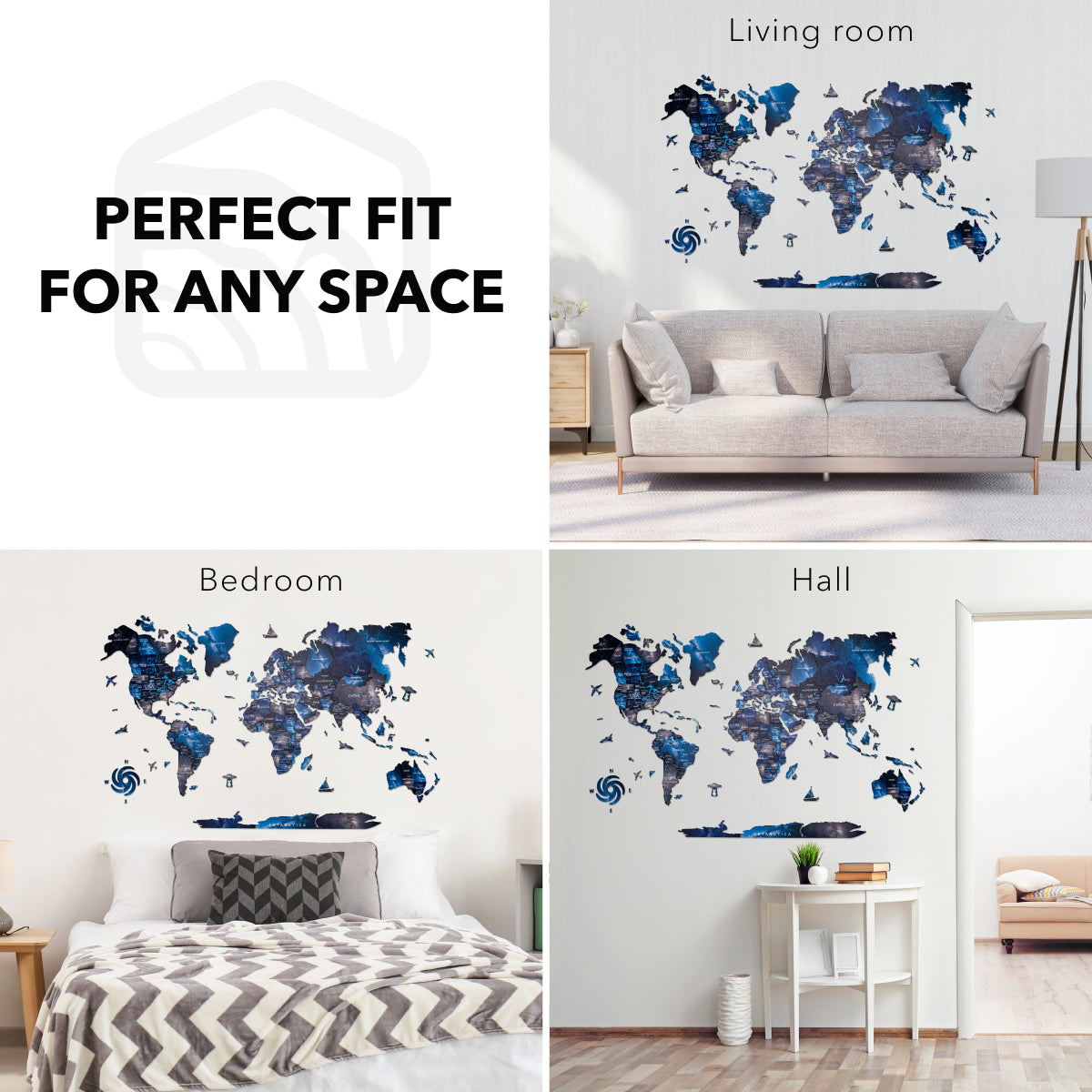 World map wall decal in various rooms with text 'Perfect Fit for Any Space'.