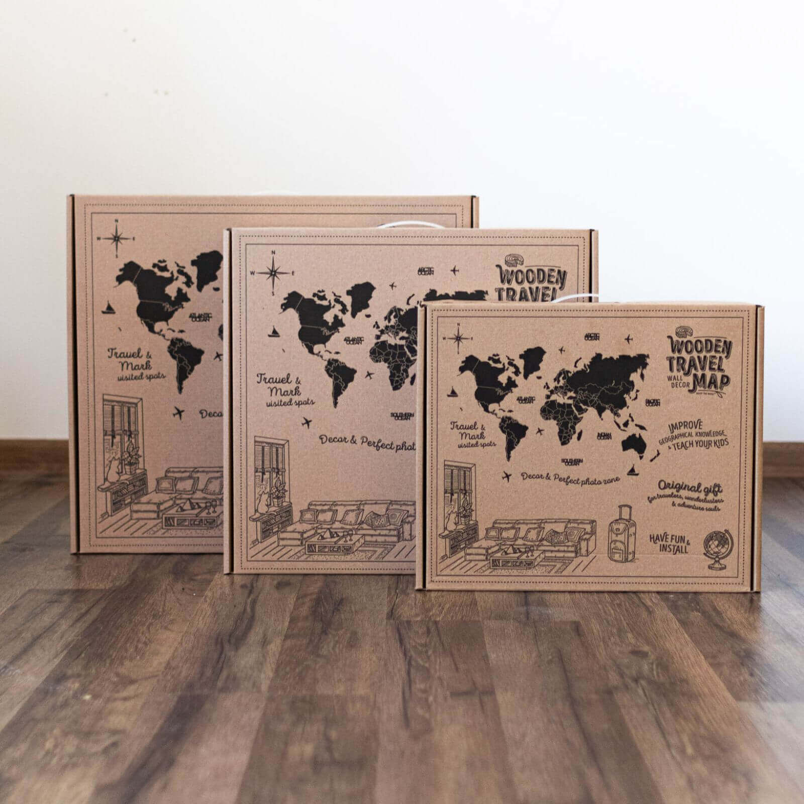 3D Wooden World Map Surface boxes