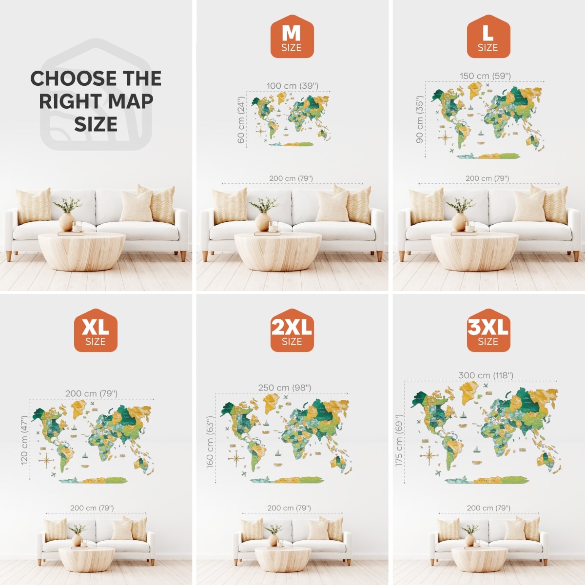 Comparison of world map wall stickers in different sizes on a white wall.