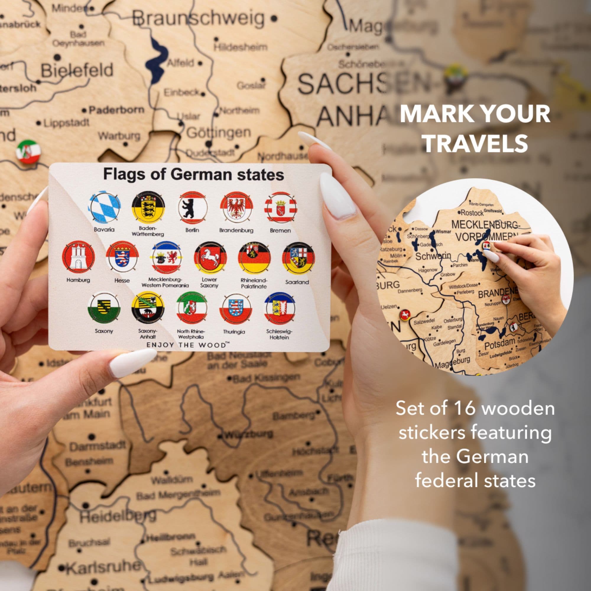 3D Germany Wooden Map Gold pins