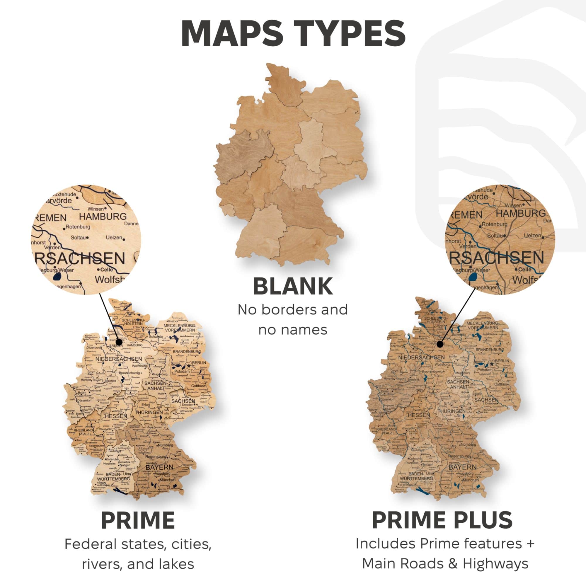 3D Germany Wooden Map Gold types