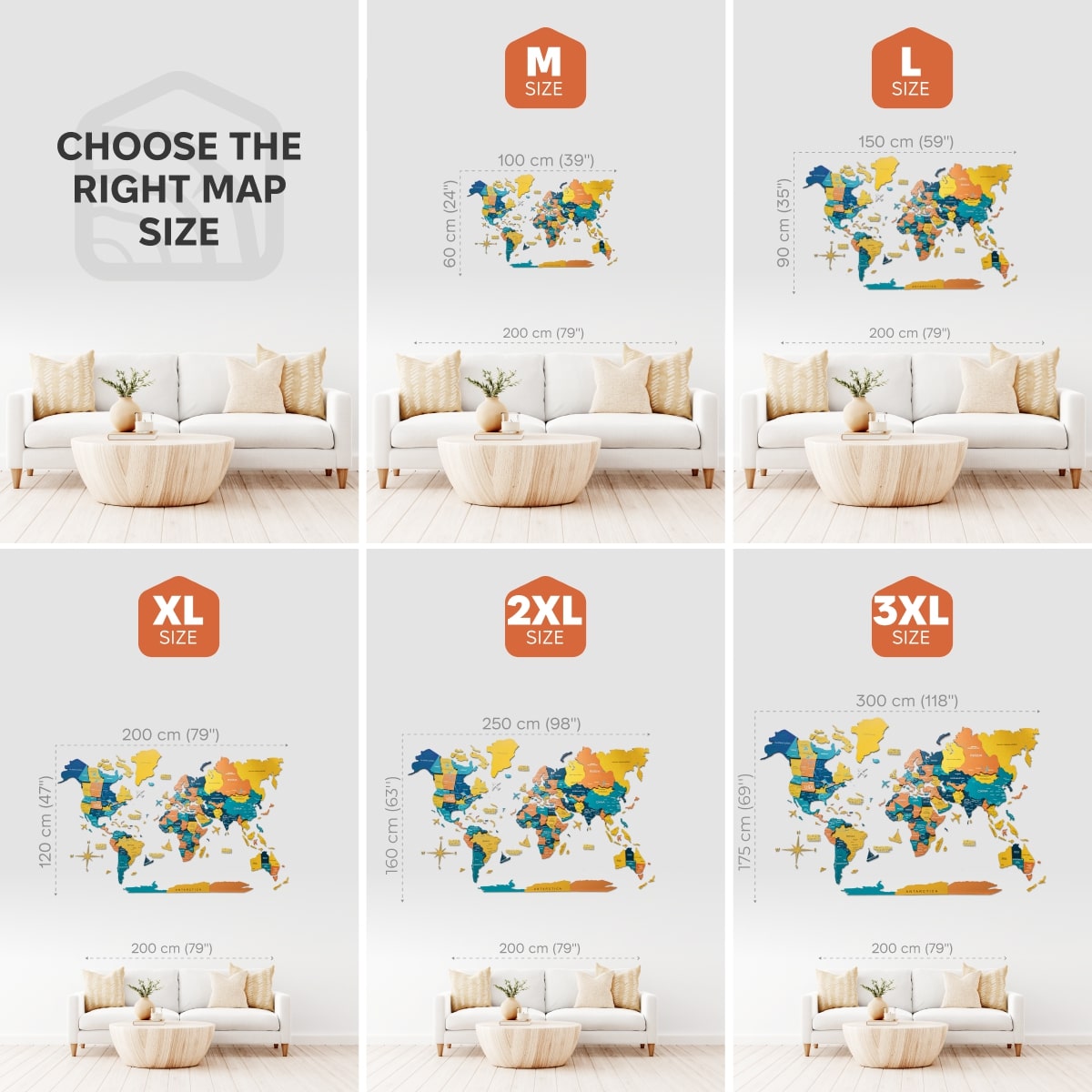 Collage of world map wall stickers in different sizes with corresponding dimensions.