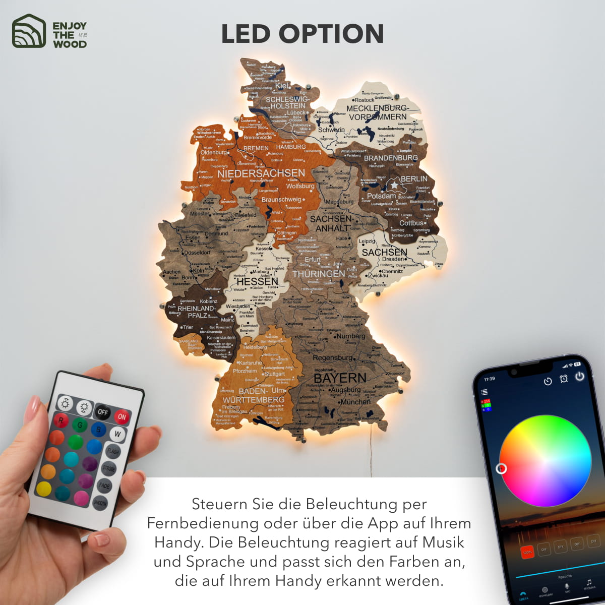 3D LED Germany Wooden Map 3.0 Multicolor led option