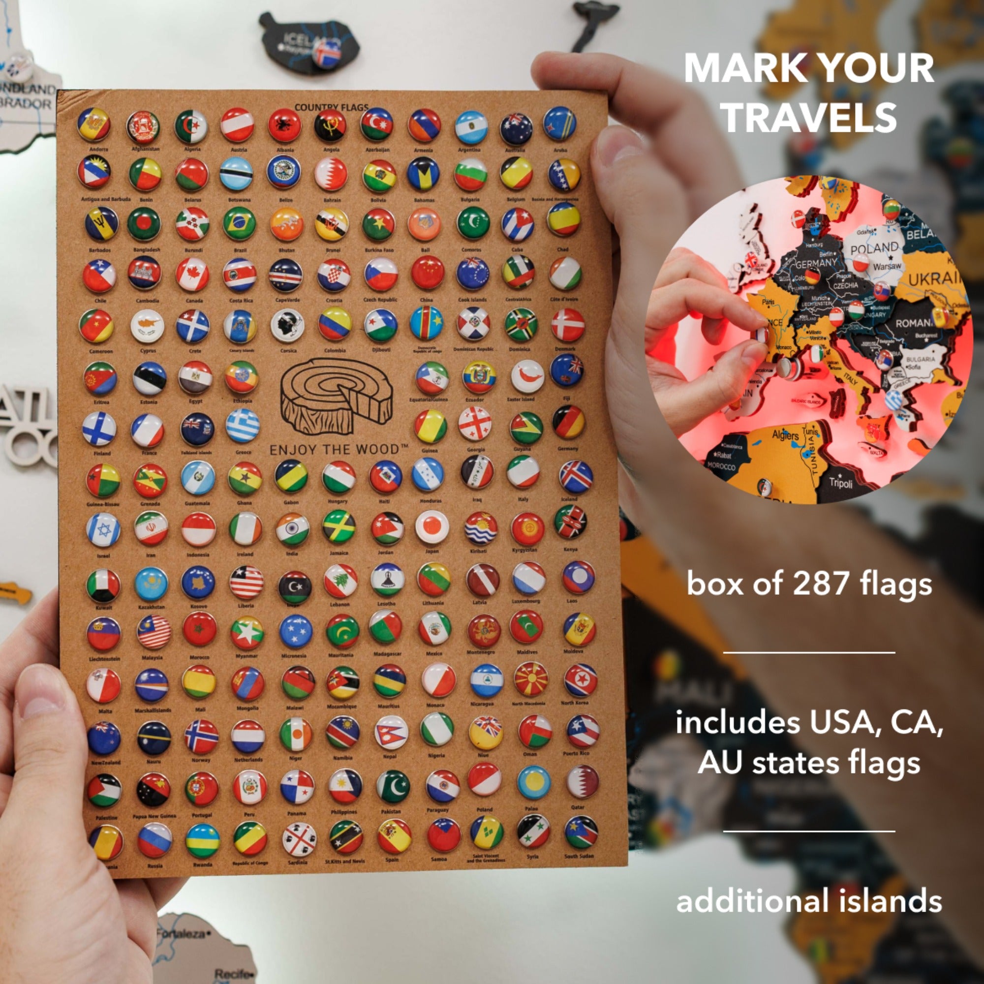 Box of 287 world flags with a person holding it and a map in the background.