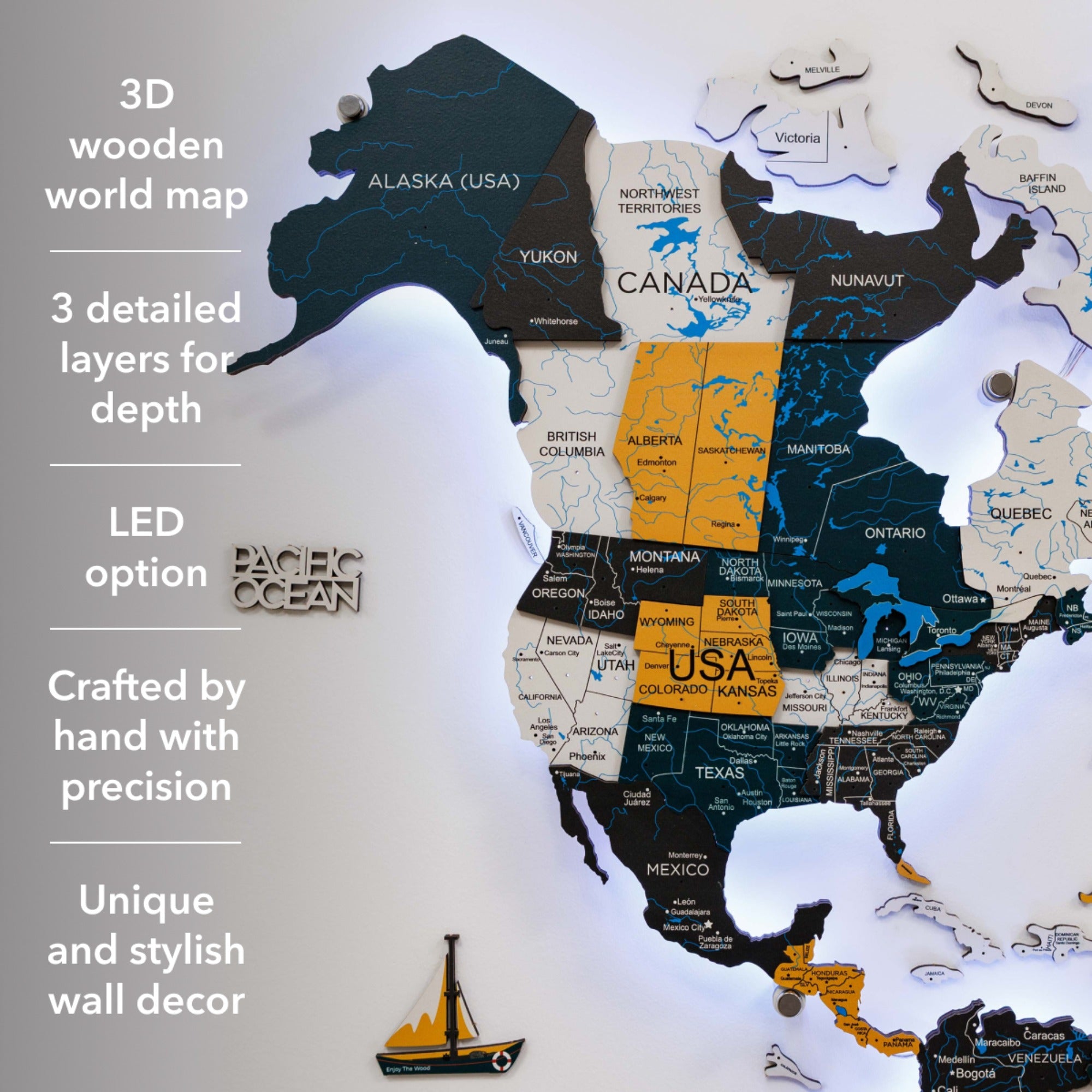 3D wooden world map with detailed layers on a white background