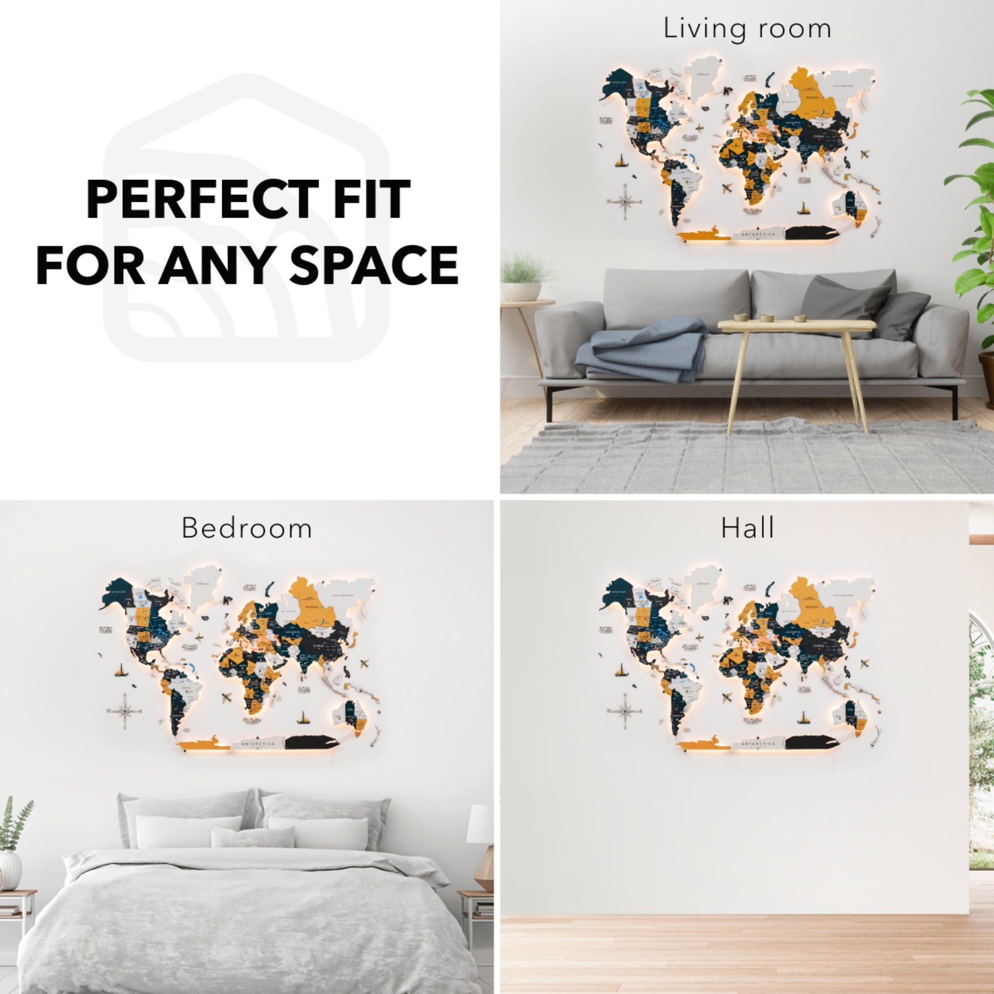 World map wall art displayed in various rooms with text 'Perfect Fit for Any Space'.