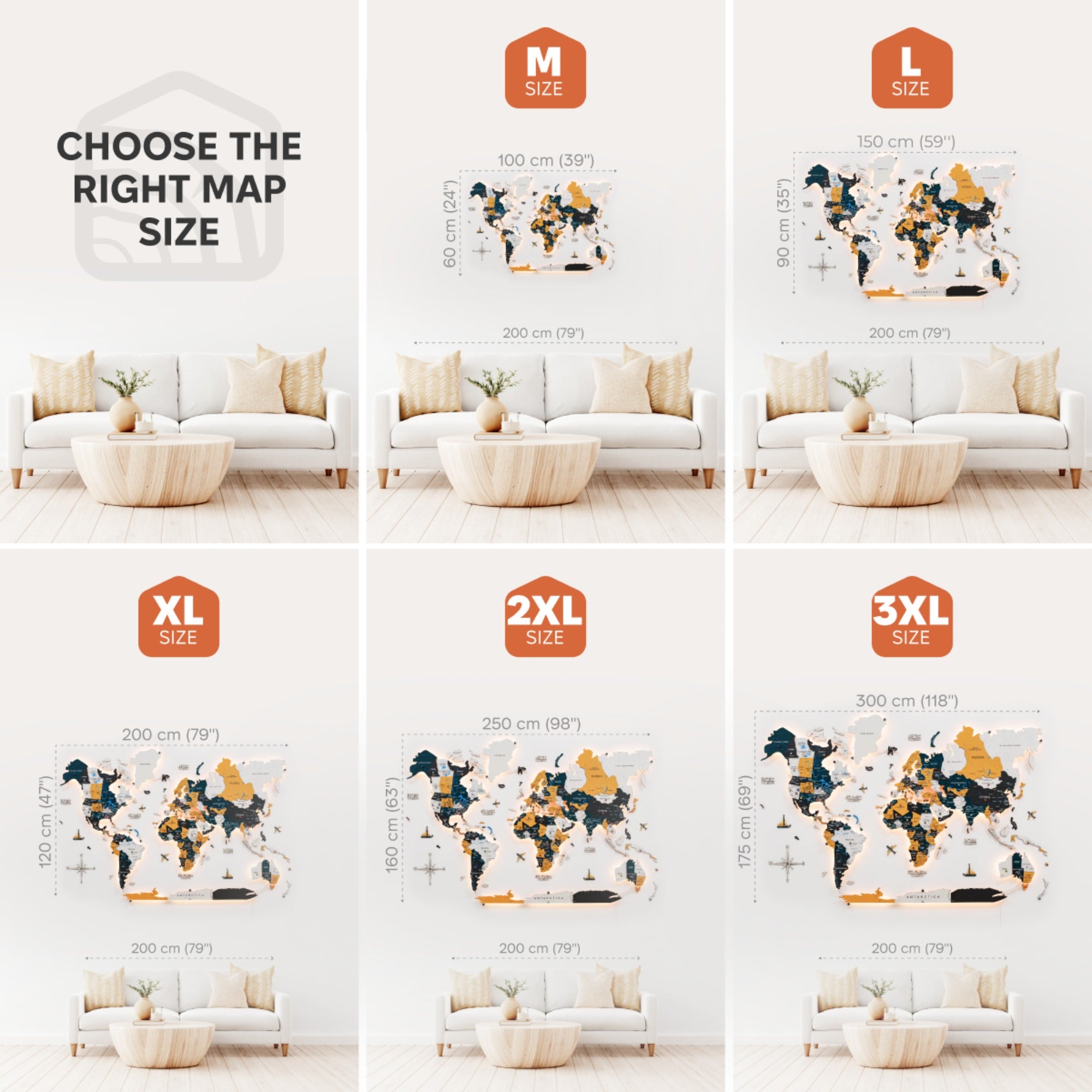 Collage of world map sizes with corresponding dimensions in a living room setting.