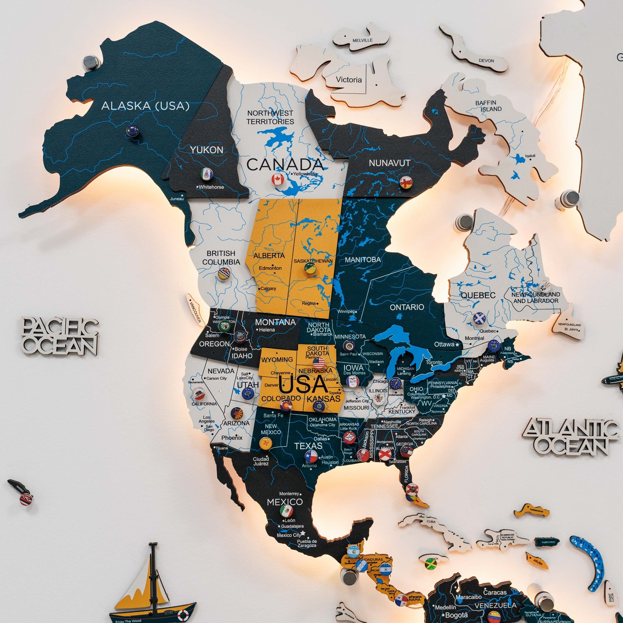 Map of North America with illuminated regions on a white background