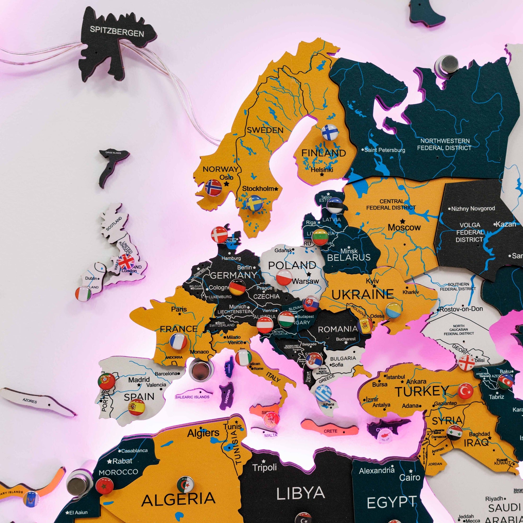World map with country names and flags on a white background