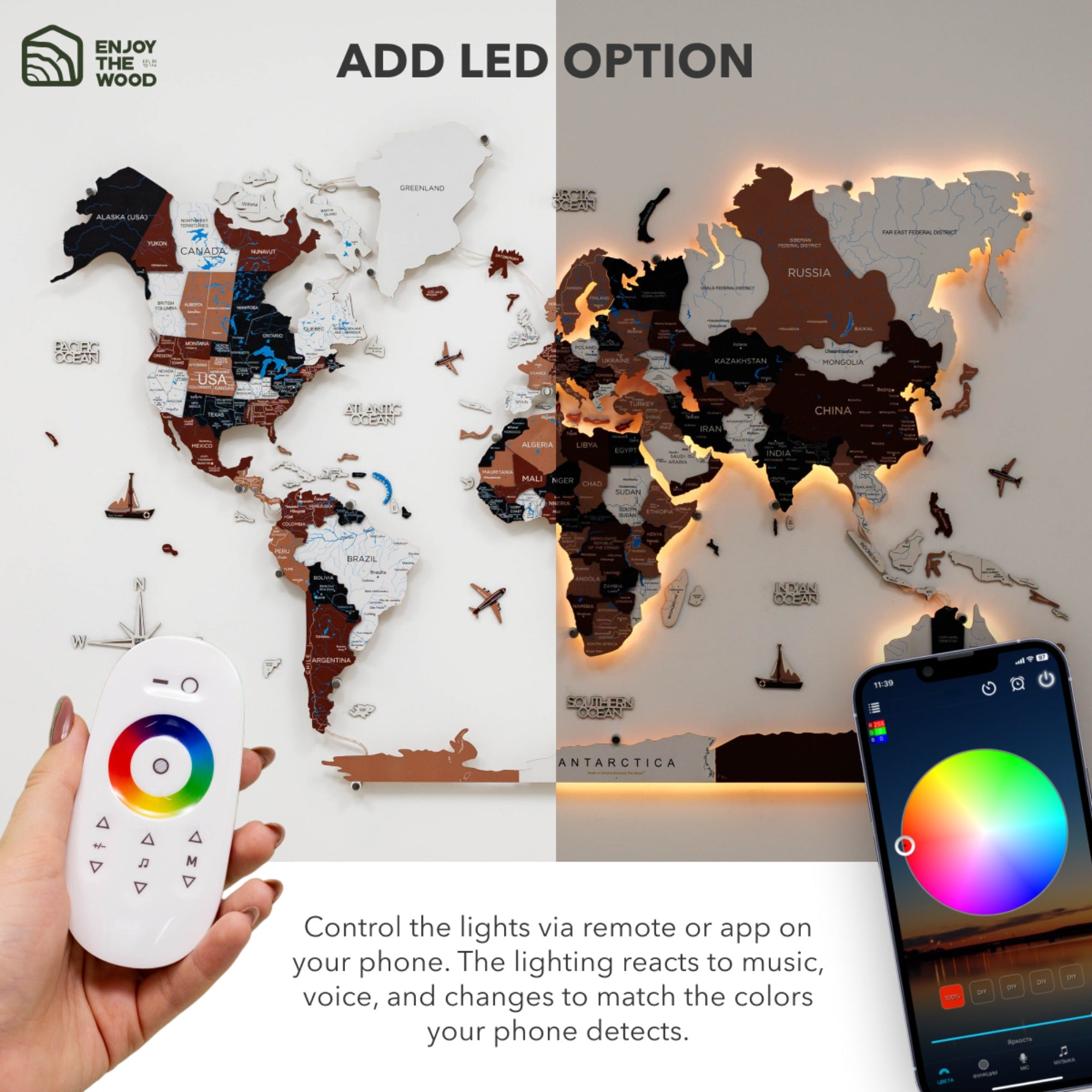 World map with LED lights, remote control, and smartphone app for lighting control.
