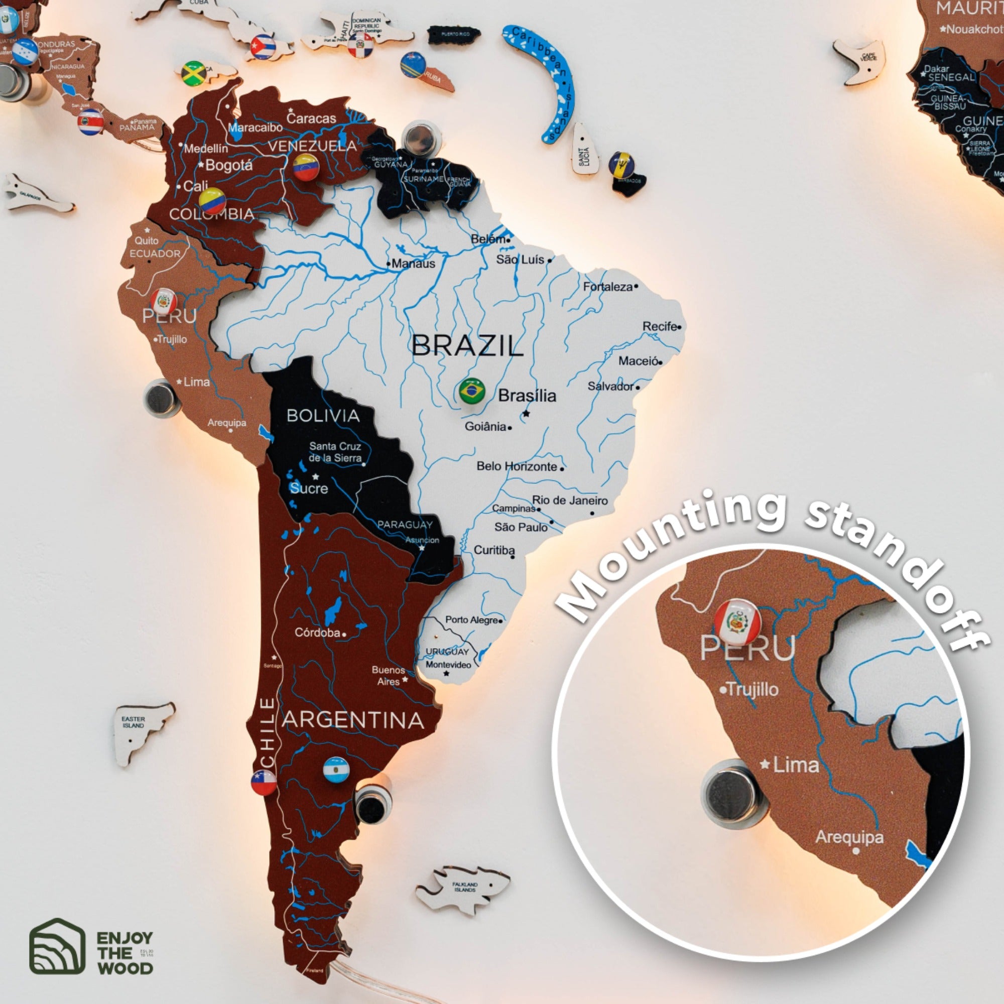 Wooden map of South America with detachable pieces on a white background