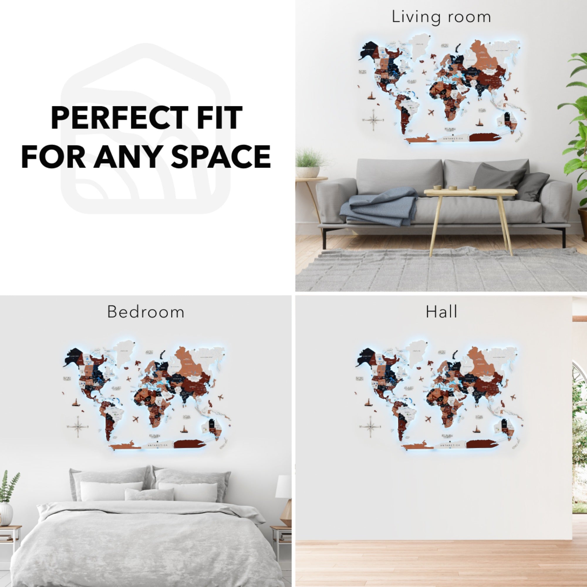 World map wall art displayed in various rooms with text 'Perfect Fit for Any Space'.