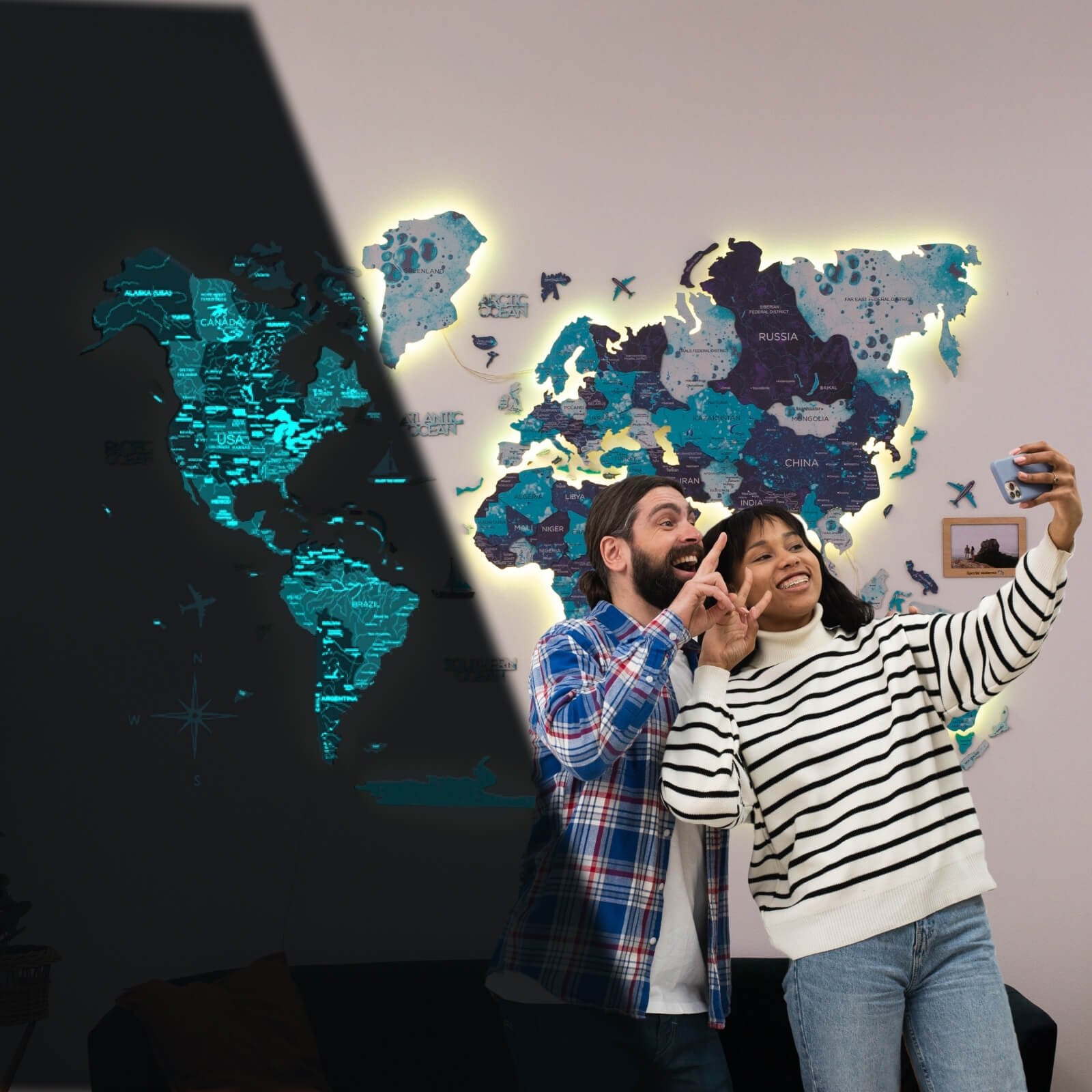 3D LED / LUMINOUS Wooden World Map Ocean ‣ Order Now