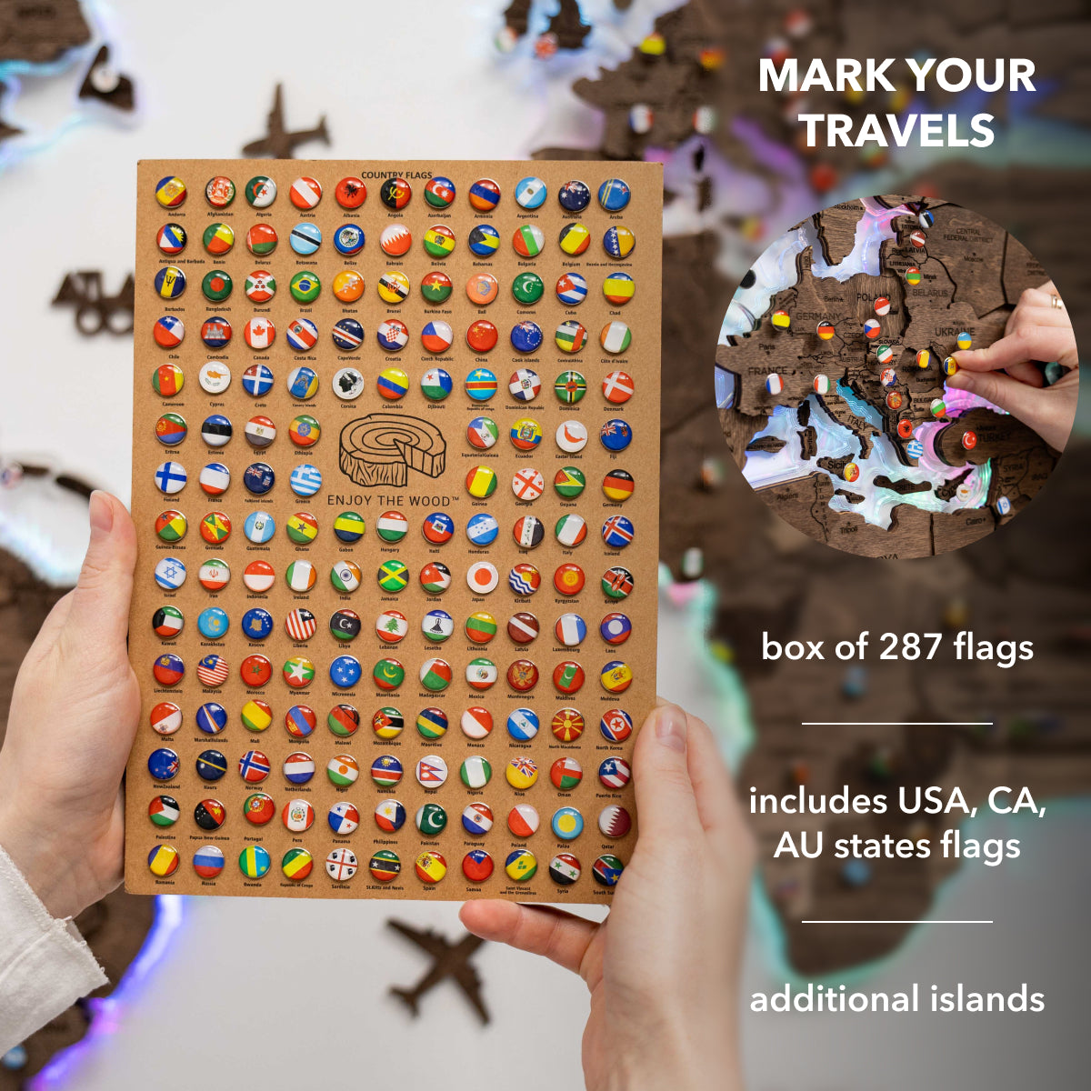 3D LED Wooden World Map 2.0 Dark Walnut pins