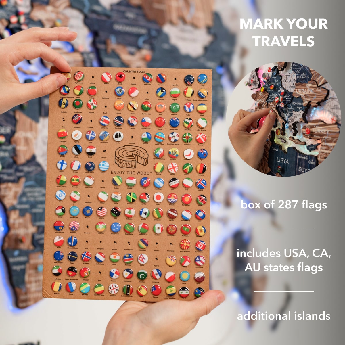 3D LUMINOUS LED Wooden World Map 2.0 Mystery pins