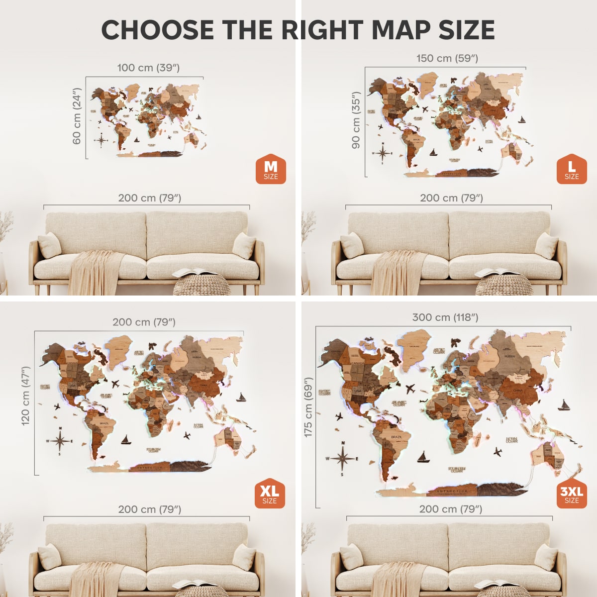 3D LED Wooden World Map 2.0 size
