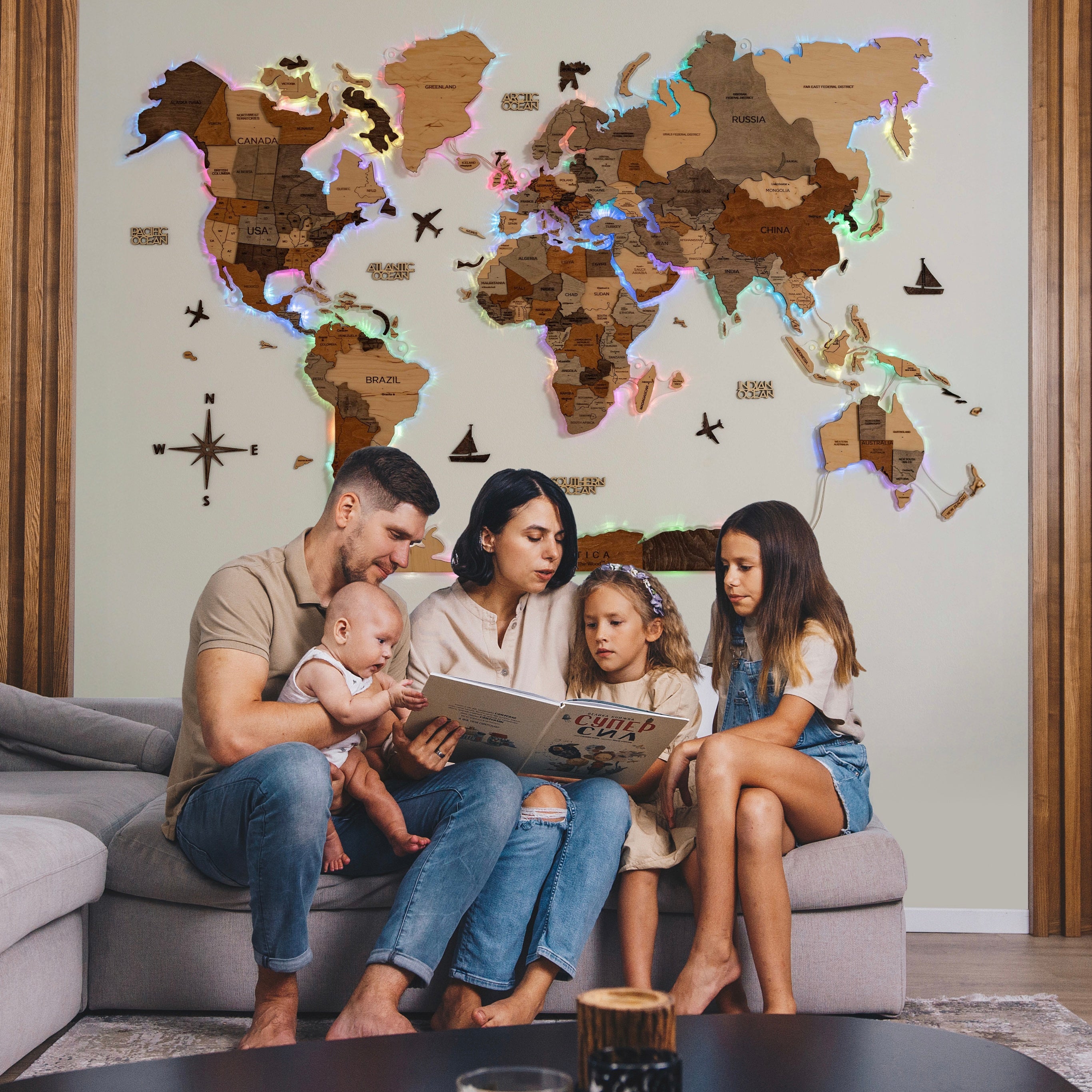 3DWood World Map ENJOY THE WOOD 南極木製世界地図 3D LED Wooden World Map - 2.0 ‣ From Enjoy The Wood