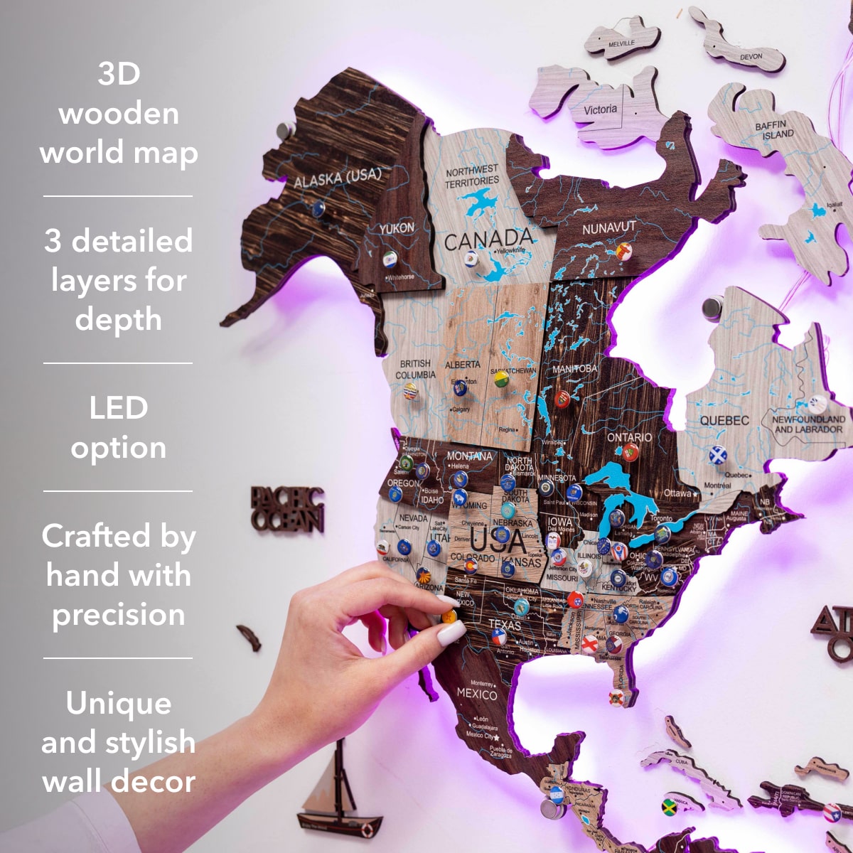 3D LED / LUMINOUS Wooden World Map 3.0 Cappuccino info