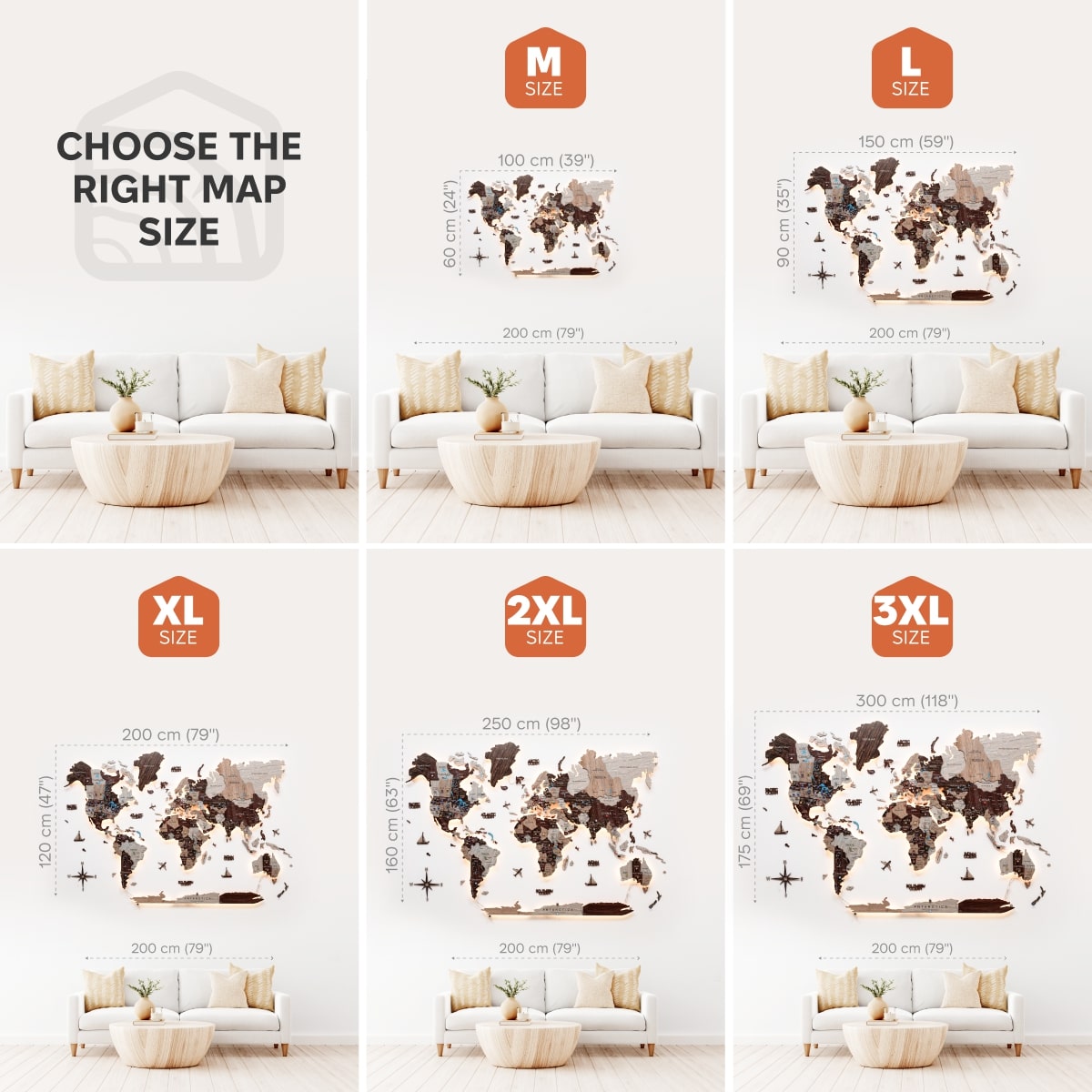 3D LED / LUMINOUS Wooden World Map 3.0 Cappuccino size