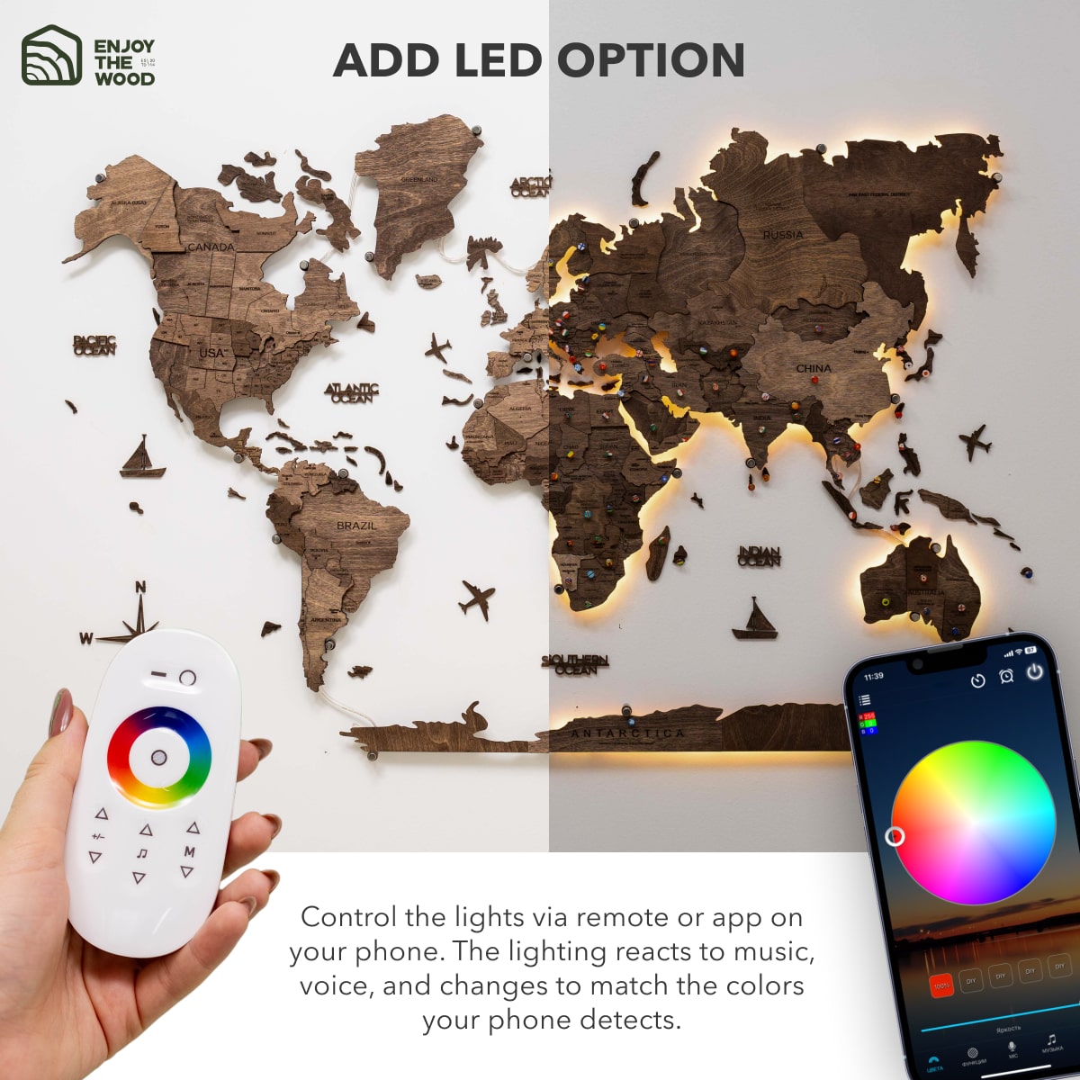 3D LED Wooden World Map 3.0 Dark Walnut app