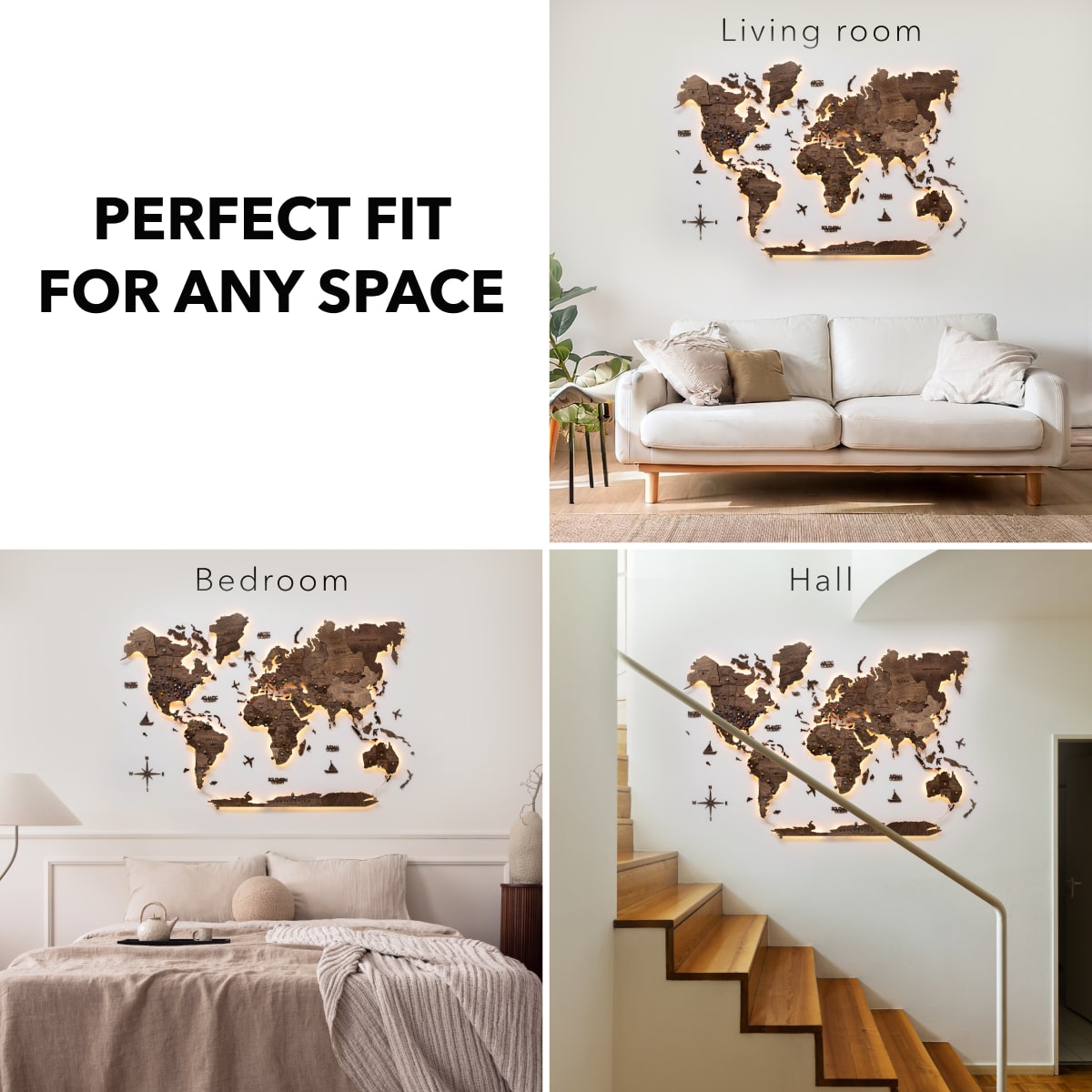 3D LED Wooden World Map 3.0 Dark Walnut fit